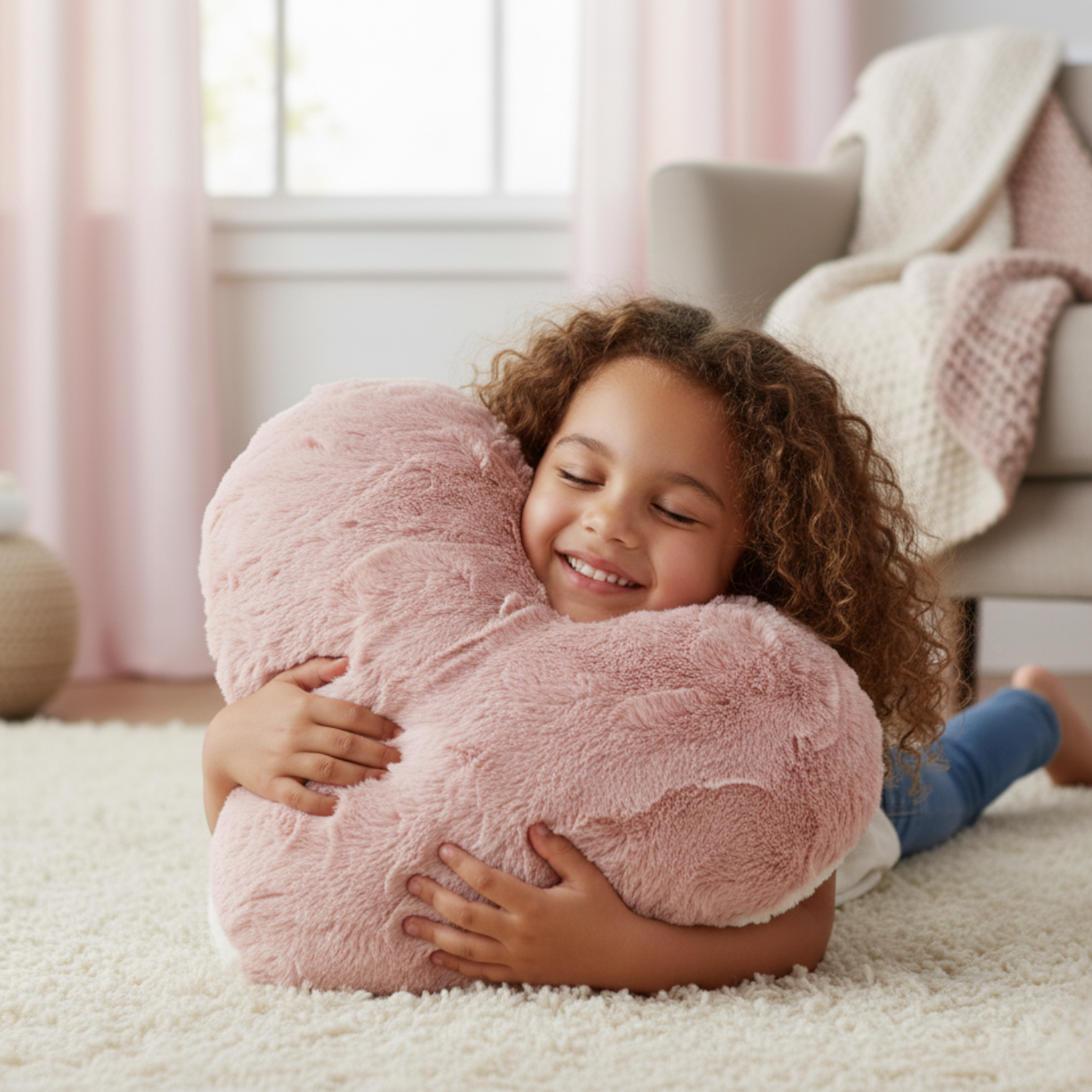 Child hugging a faux fur pink heart-shaped pillow in a cozy room.