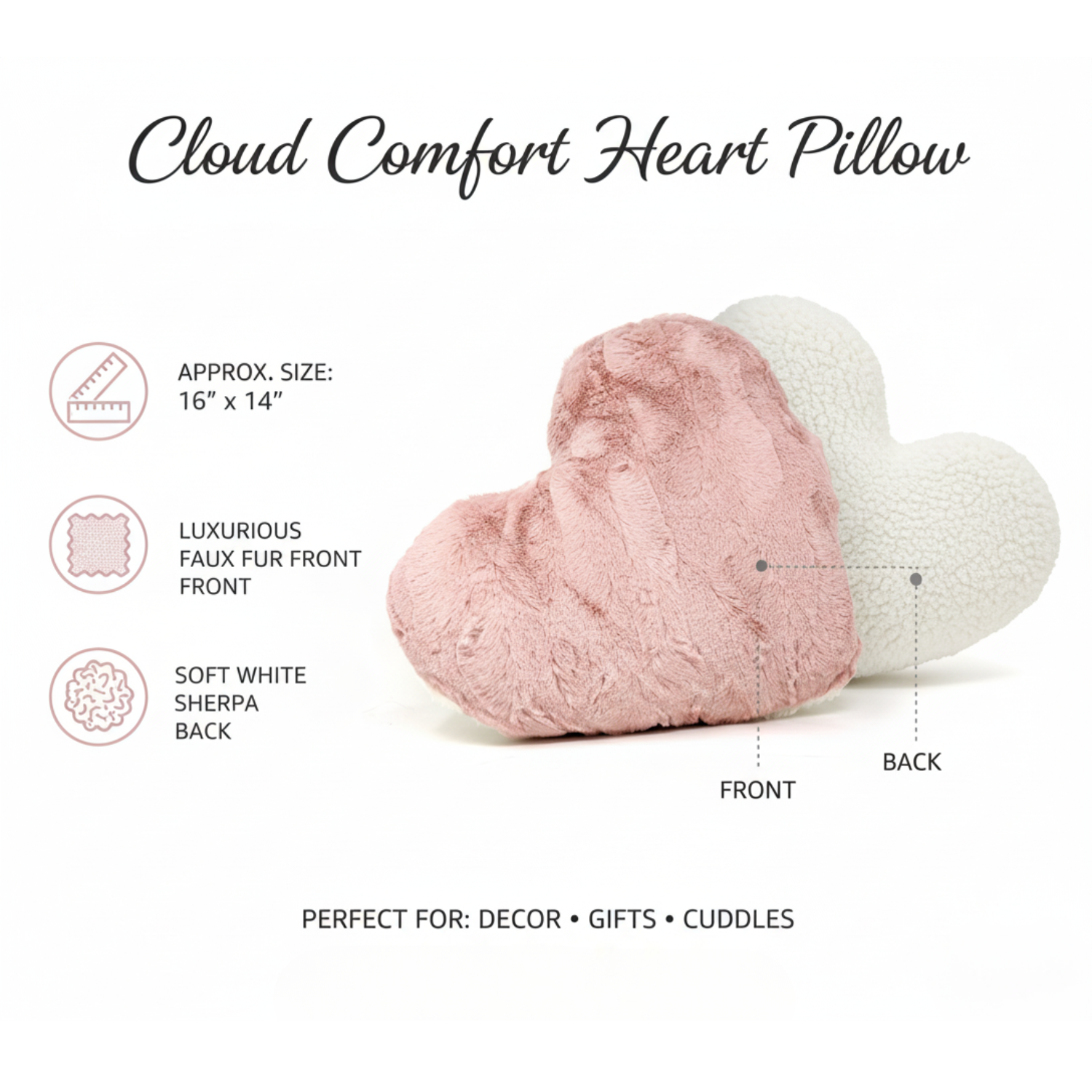 Heart-shaped cloud comfort pillow with pink faux fur front and white sherpa back, on a white background.