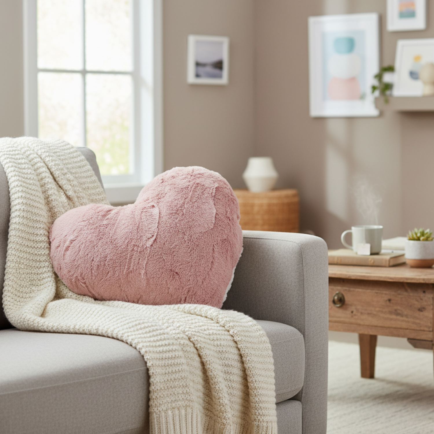 Tache Faux Fur Pink White Heart Shape Throw Pillow as a decorative accent in a couch in a cozy room