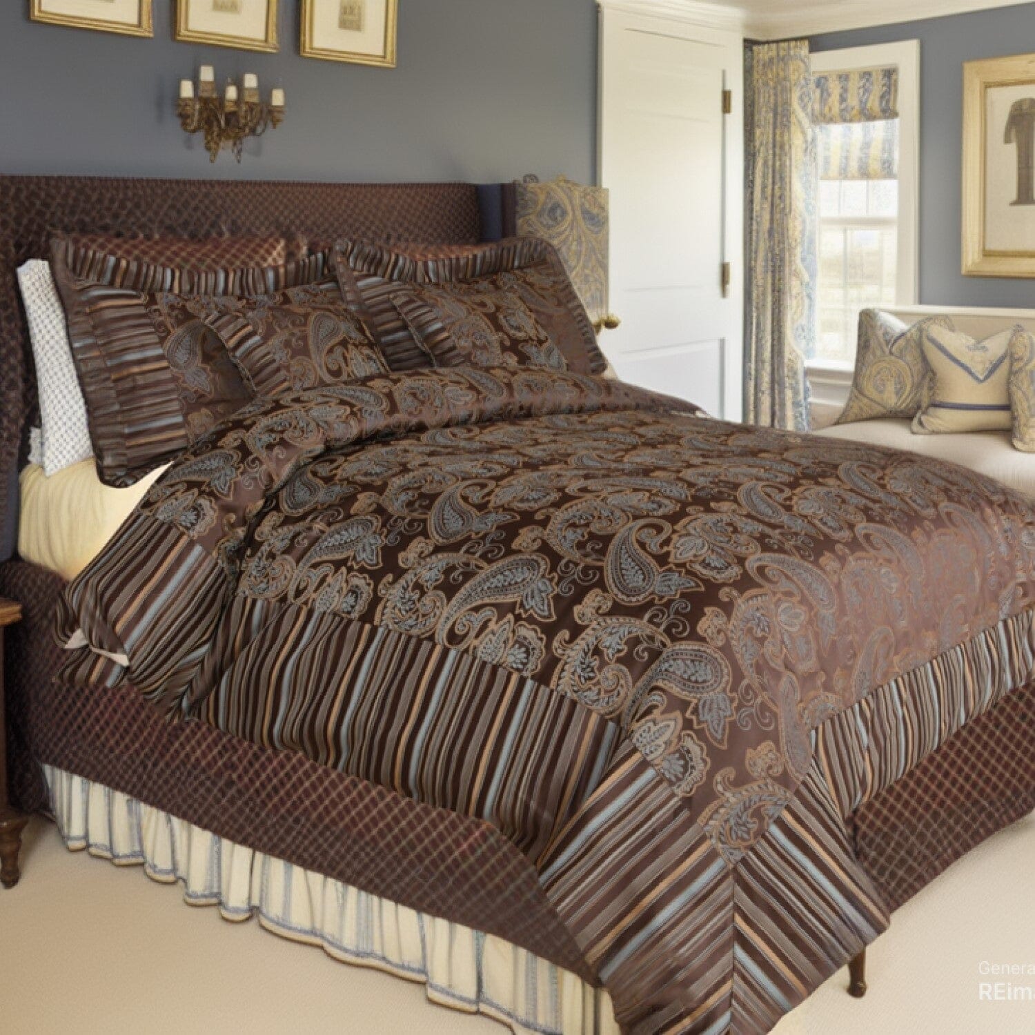 Tache Chenille Elegant Paisley Floral Striped Brown Blue Eastern Comforter Set With Zipper Cover (14070) - Tache Home Fashion