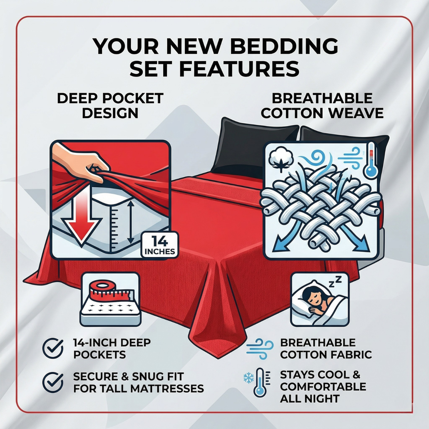 Tache Home Fashion 4-piece cotton sheet set featuring deep pocket vibrant red sheets and bold black pillowcases