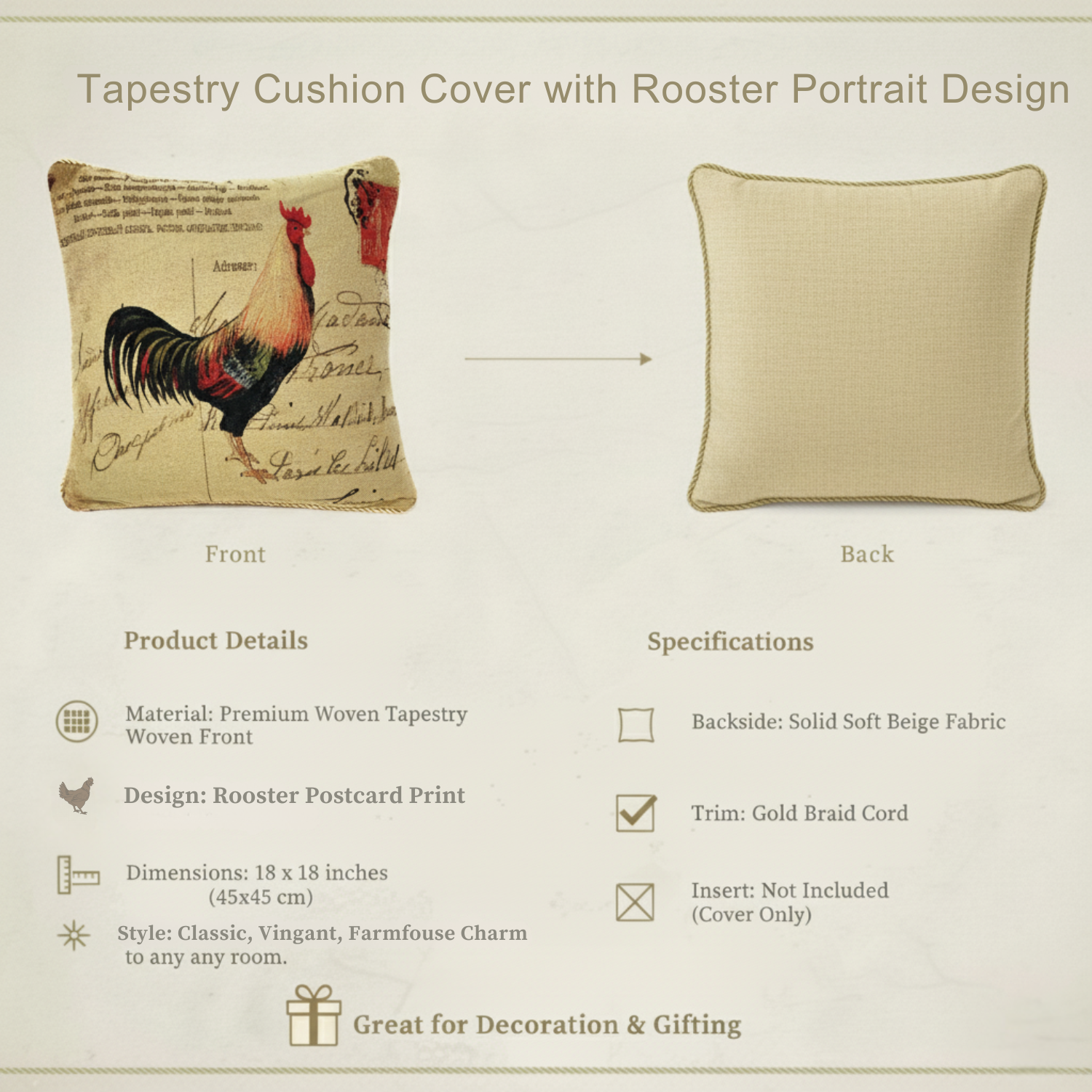 Tapestry cushion cover with rooster design on beige background