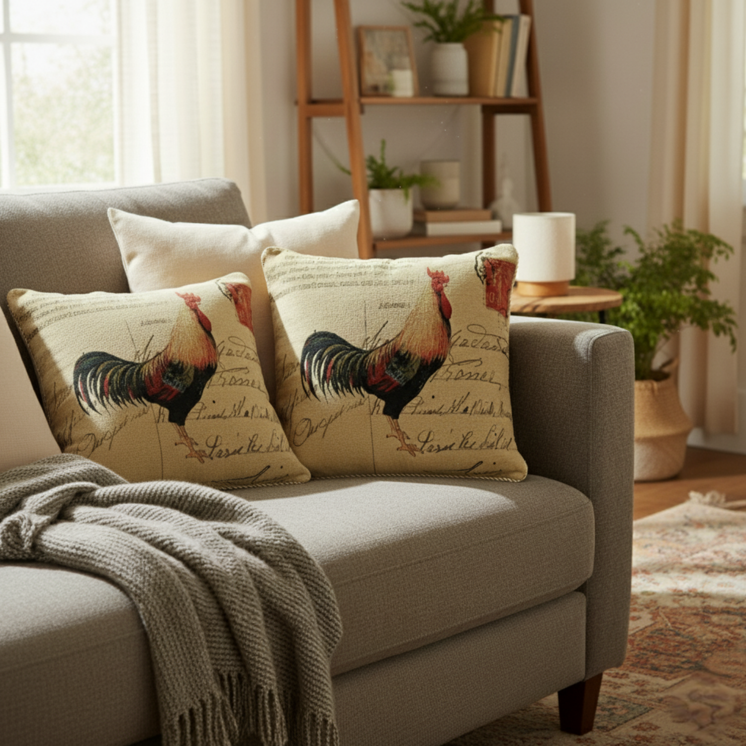 Decorative pillows with rooster designs on a couch in a cozy living room.