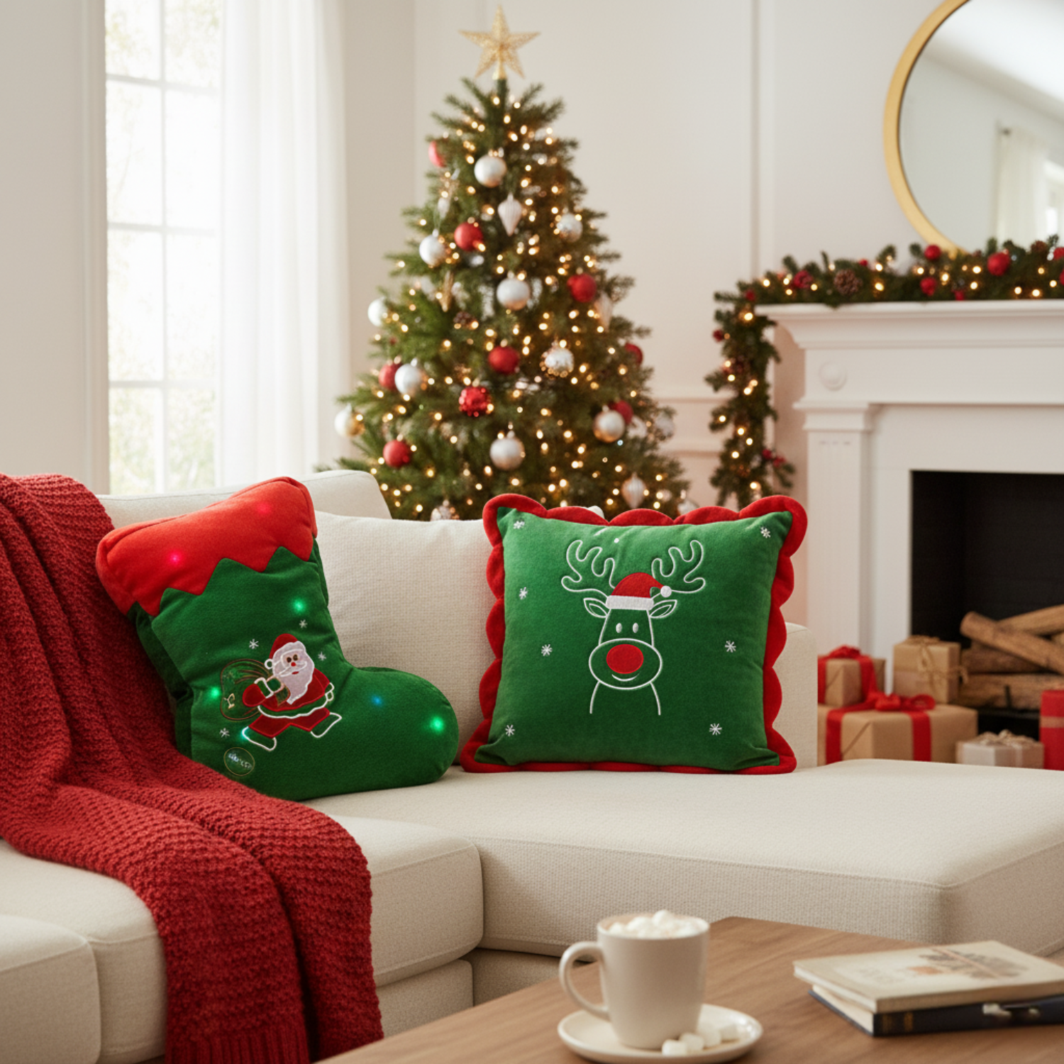 Decorative Christmas pillows on a couch with a Christmas tree and fireplace in the background.