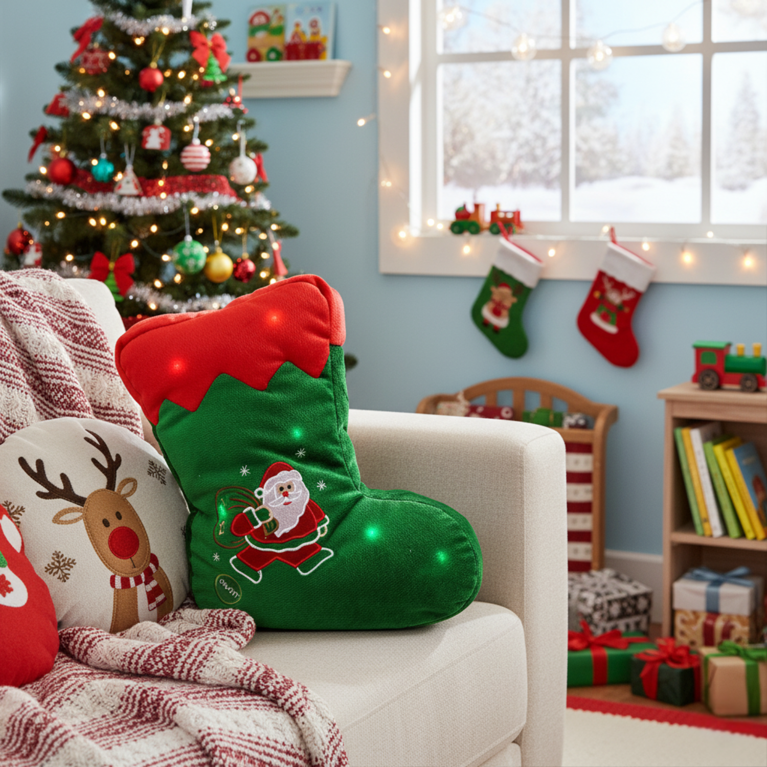 Decorative Christmas pillow with Santa design on a couch in a festive living room.