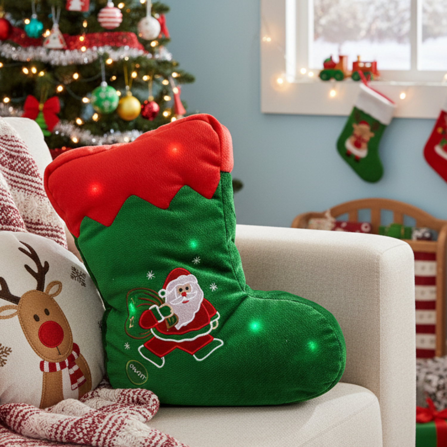 Green Christmas stocking with Santa Claus design on a couch in a festive living room.