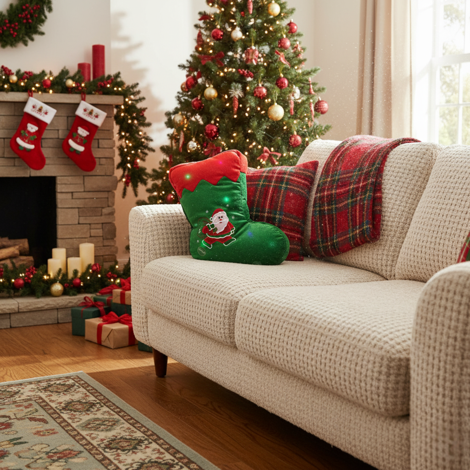 Living room decorated for Christmas with a tree, stockings, and festive pillows.