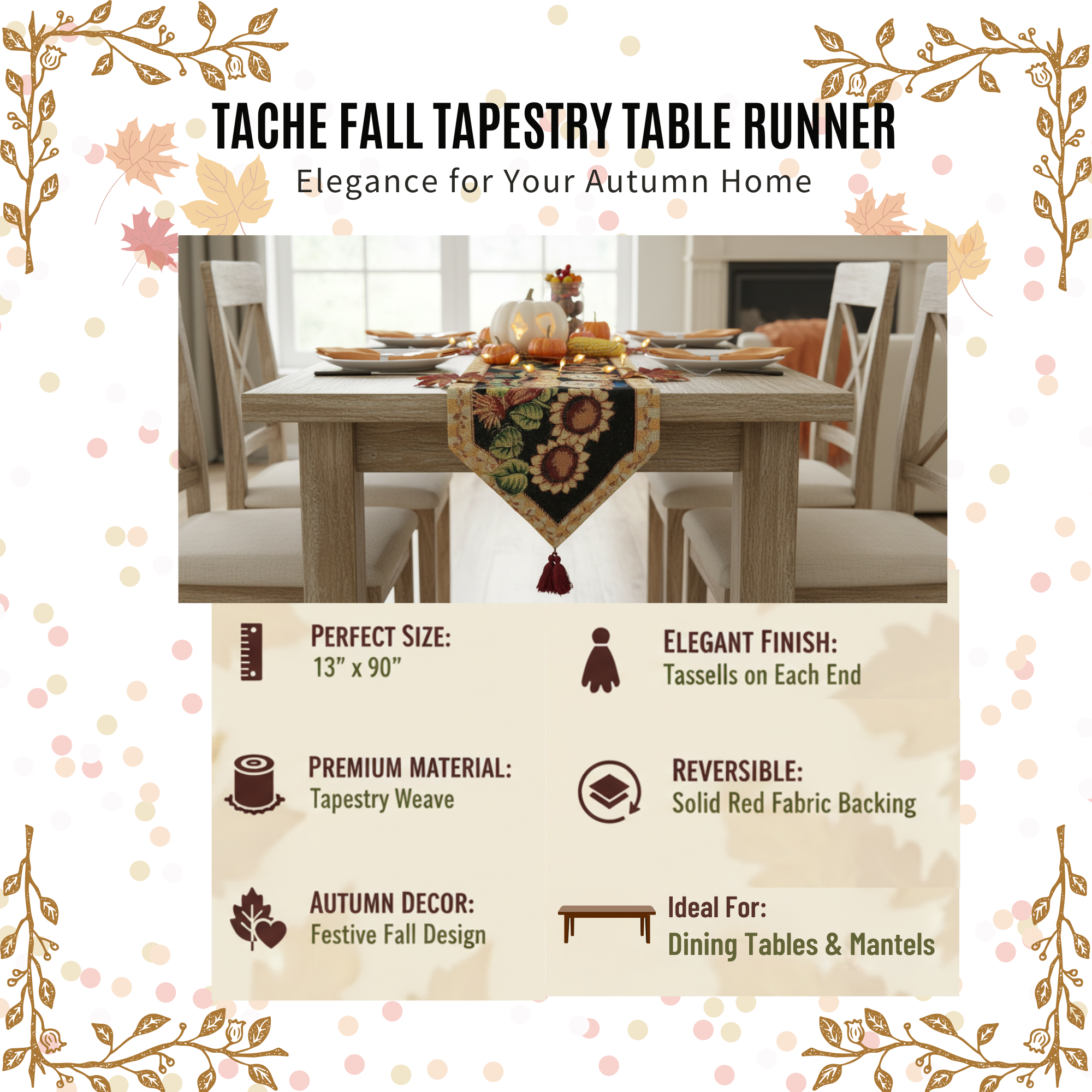 Tache Fall Tapestry Table Runner with a dining table setting and product details.