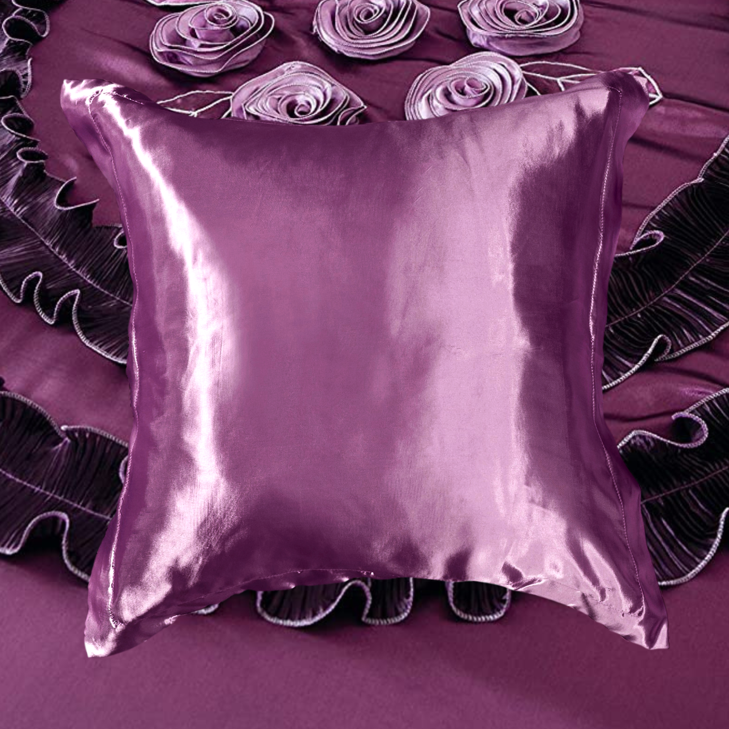 Tache Satin Ruffle Dark Purple Midnight Bloom Euro Sham (BM6438) - Tache Home Fashion