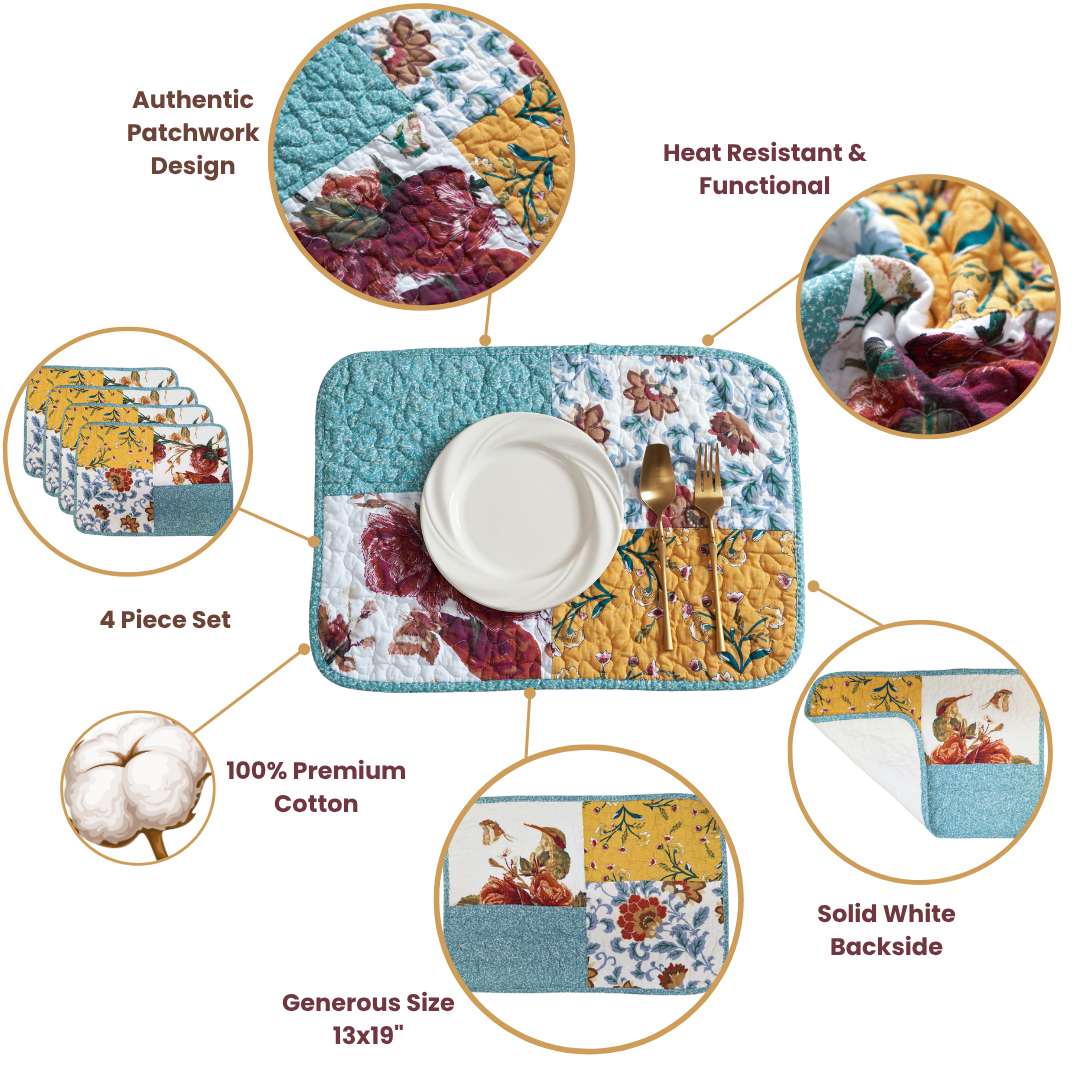 The image shows a 4-piece set of placemats made from 100% premium cotton with an authentic patchwork design. They are heat resistant and functional, featuring a generous size of 13x19 inches. The placemats have a solid white backside and are displayed with a plate and utensils