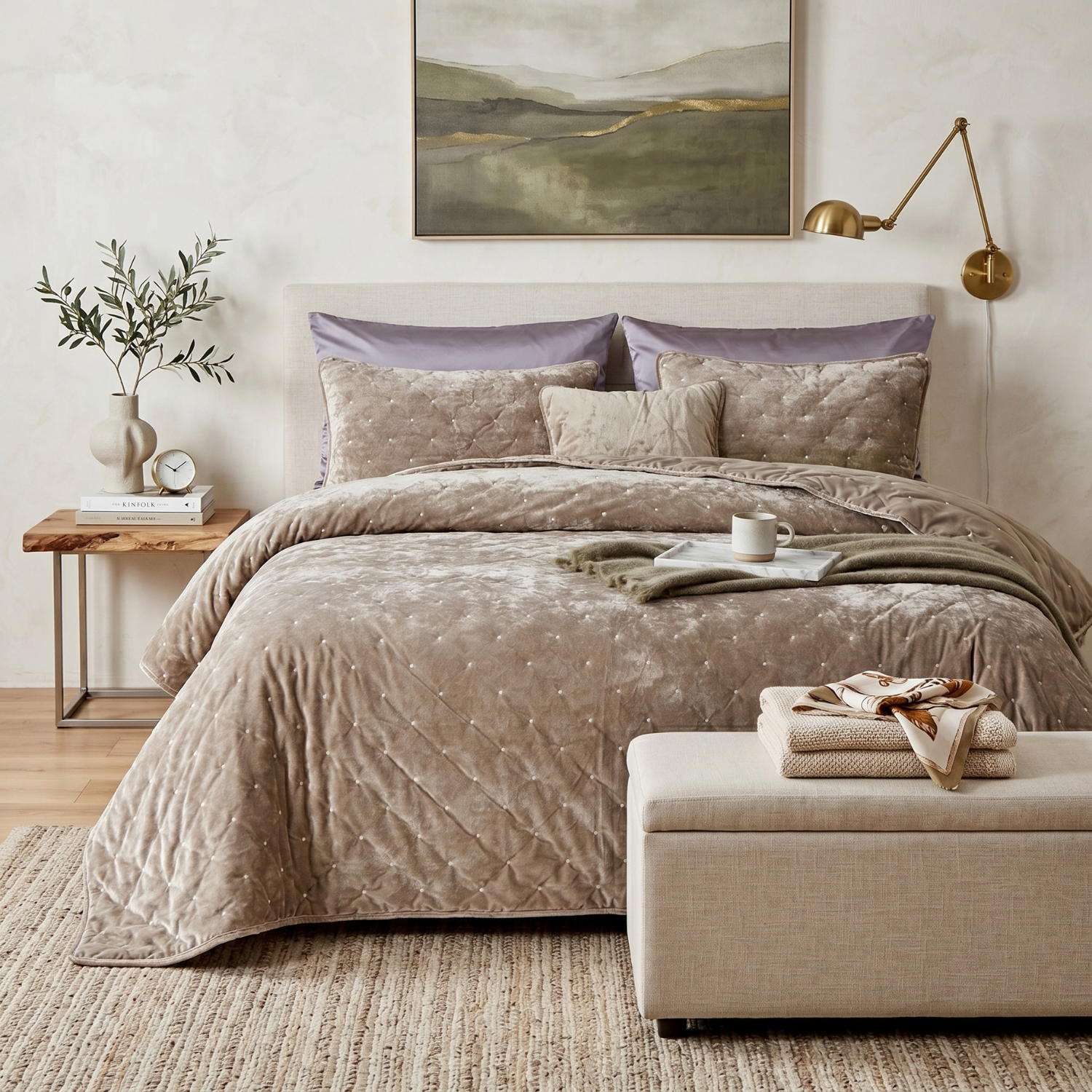 Tache Plush Dreams sand taupe beige tufted velvet quilt set on a neatly made bed, featuring a diamond quilted pattern and matching pillow shams in a contemporary bedroom.