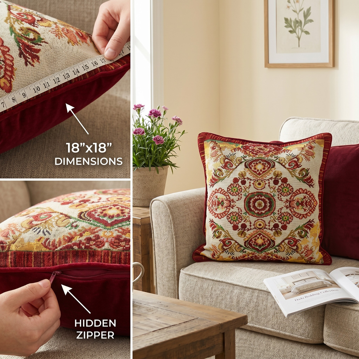 Close-up details of a durable woven tapestry cushion cover featuring a red floral medallion pattern. Panels highlight a measuring tape showing 18x18 inches and a hand revealing a seamless hidden zipper, alongside a cozy lifestyle room setting
