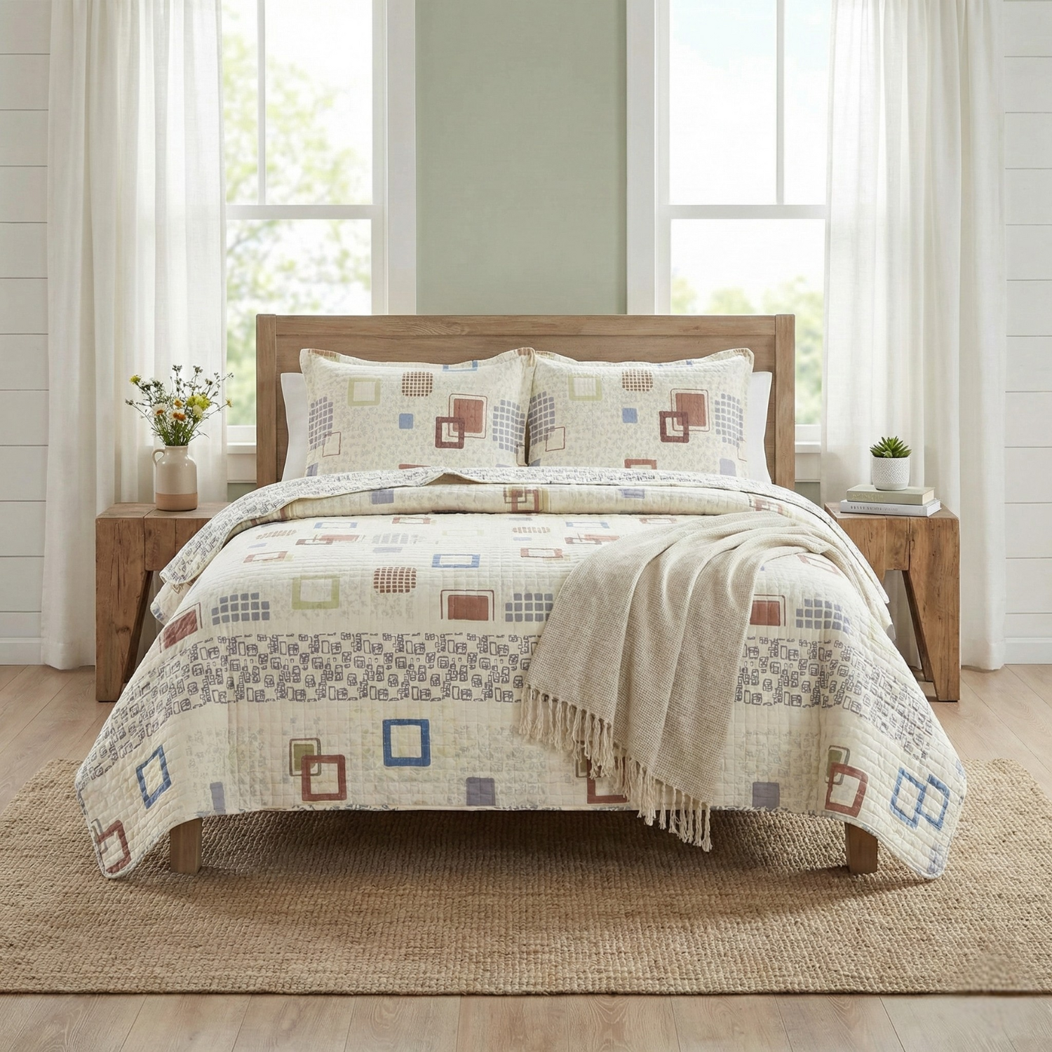 Two matching geometric cotton pillow shams resting on the Tache Home Fashion cubic square lightweight quilt. This retro, pastel-colored bedding adds a touch of farmhouse elegant charm, ideal for layering in colder seasons or using alone as spring and summer decor.