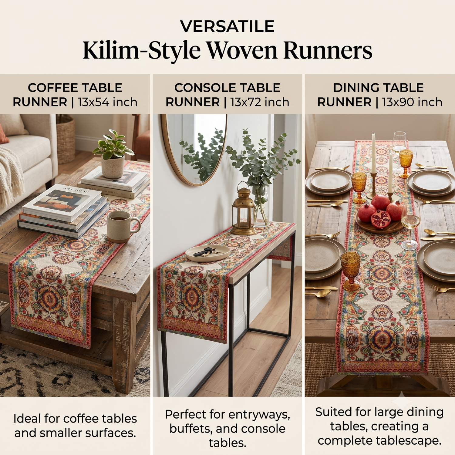 Kilim-style woven tapestry table runner shown in three sizes: 13x54 coffee table, 13x72 console table, and 13x90 dining table runner