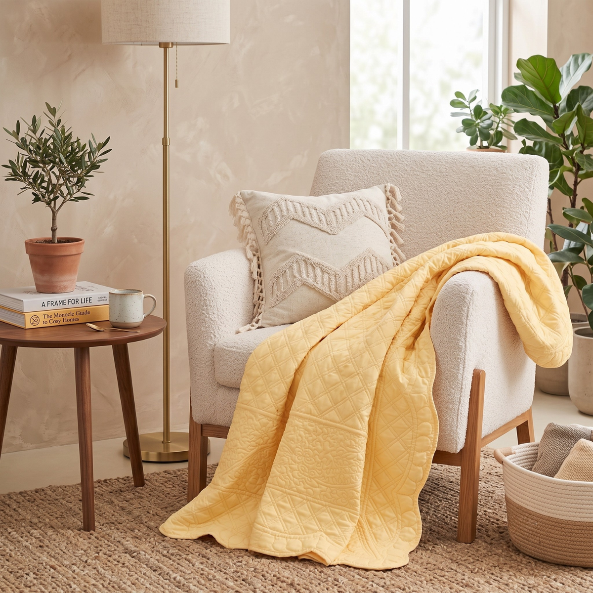 Yellow quilted throw blanket on a cream boucle accent chair in a bright neutral reading nook