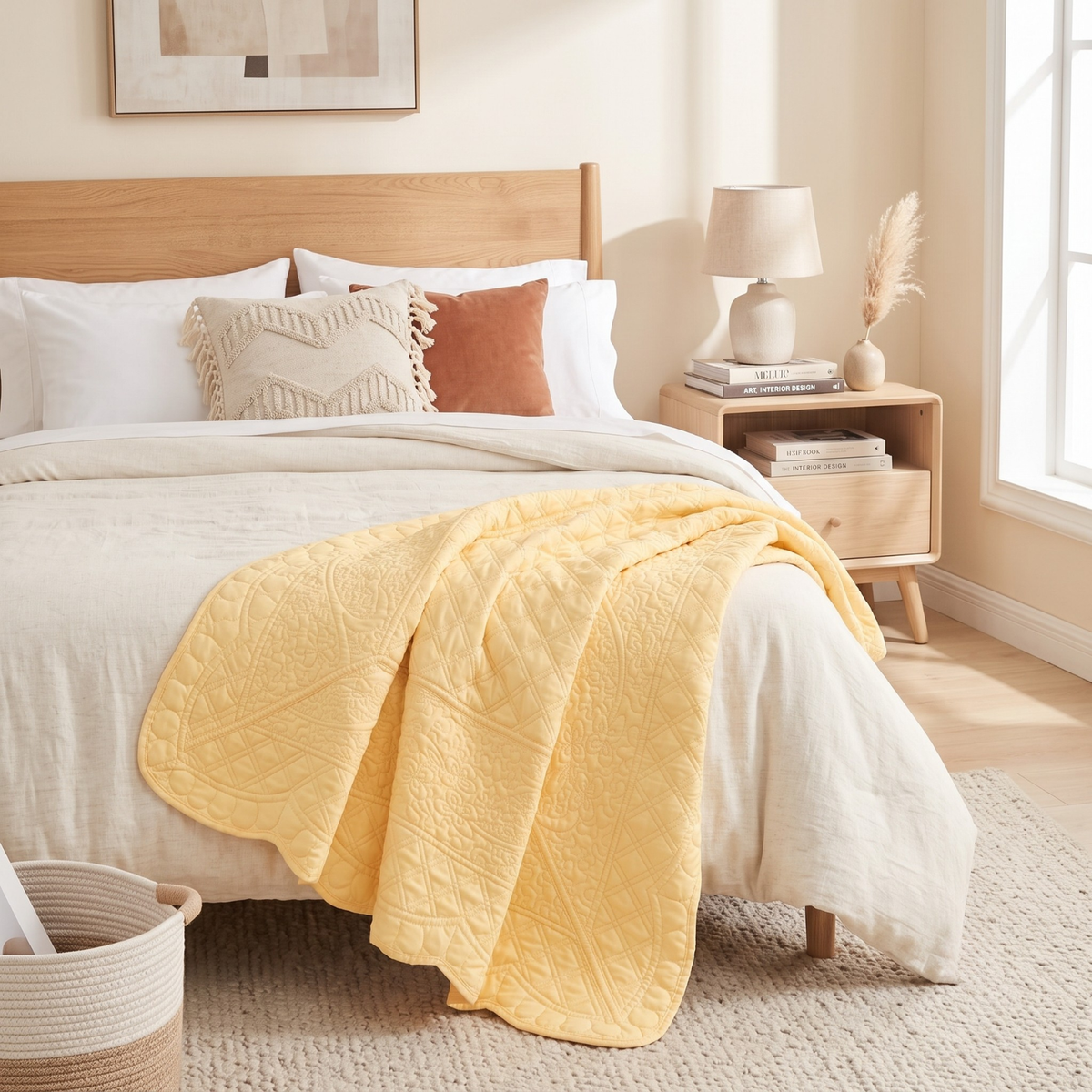 Light yellow quilted throw blanket layered across the foot of a bed with white and terracotta bedding