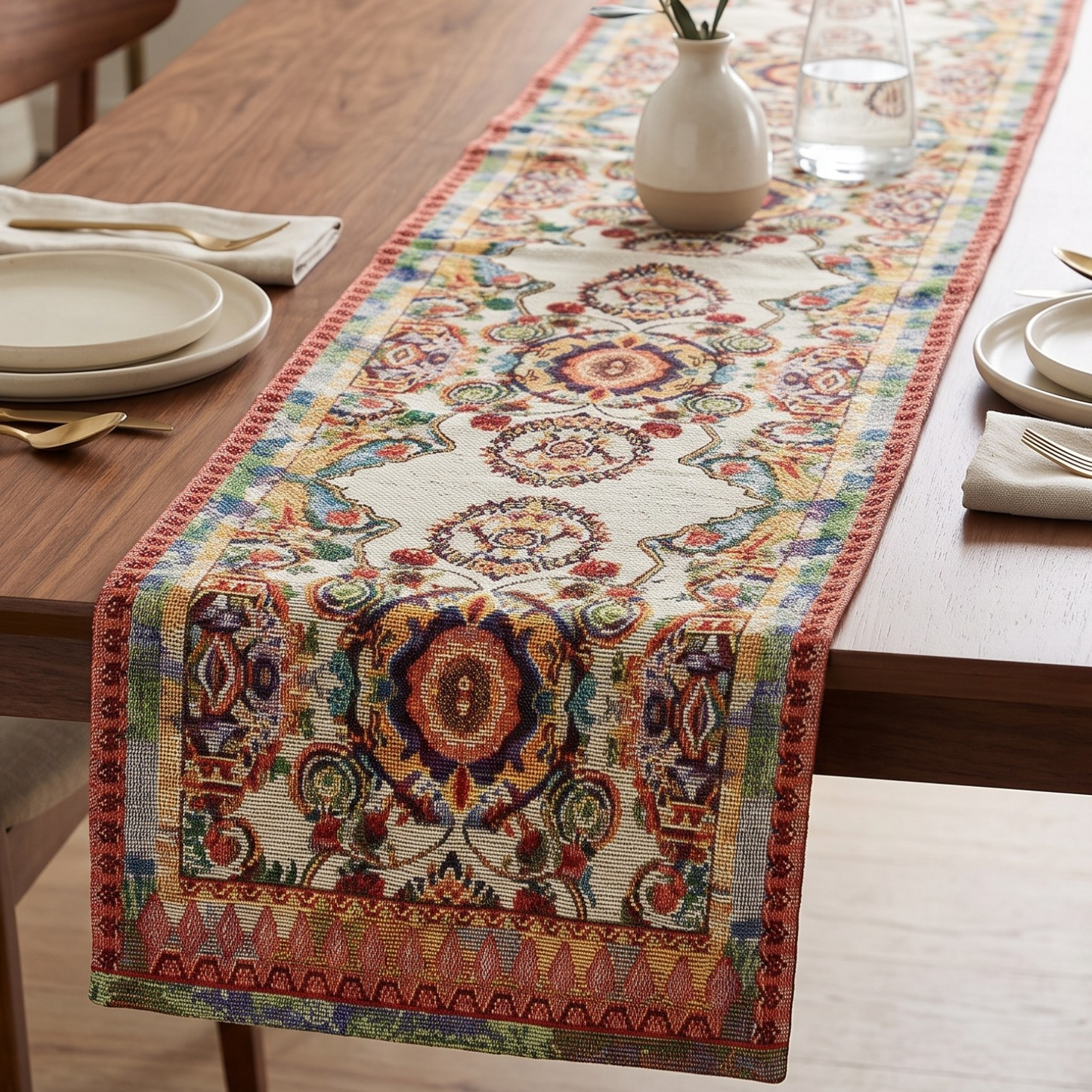 Ivory ornate paisley woven tapestry table runner with colorful medallion pattern and red trim styled on a wood dining table