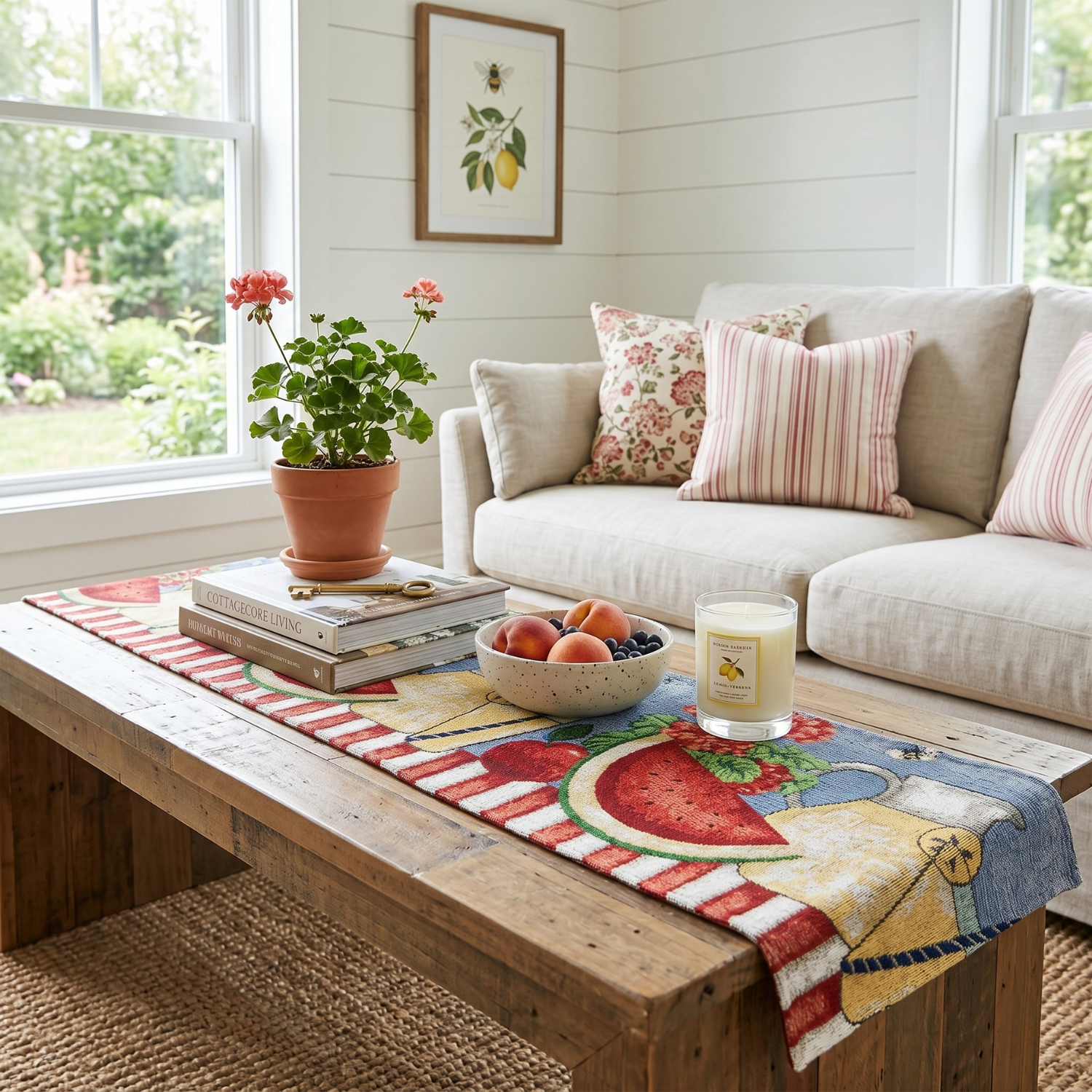 Tache woven tapestry table runner with a summer watermelon and lemonade design, styled on a rustic wooden coffee table in a bright, cottagecore living room