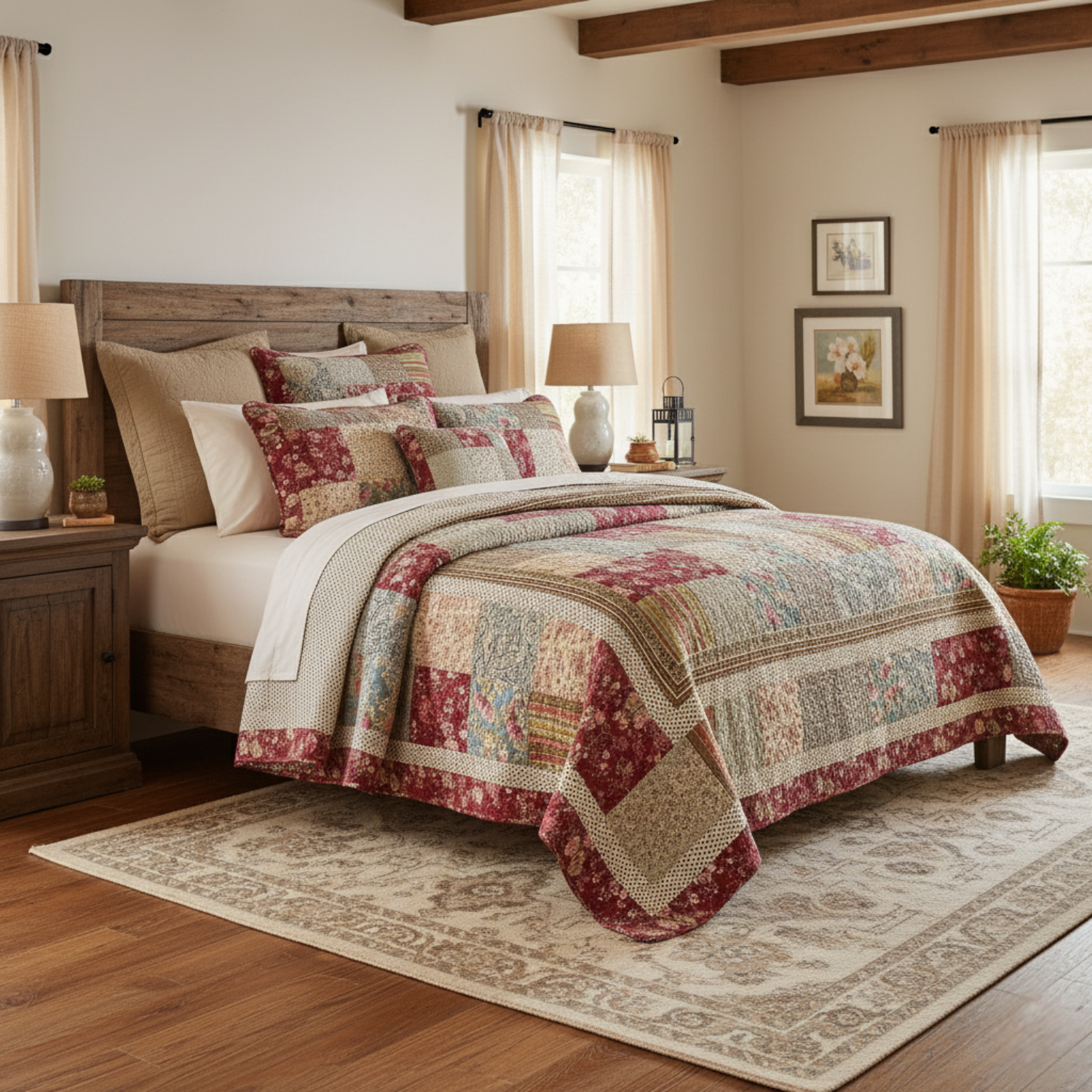 Tache Tea Party Patchwork Quilt Set on a wooden bed in a bright, high-end rustic bedroom with wood-beamed ceilings and natural light.