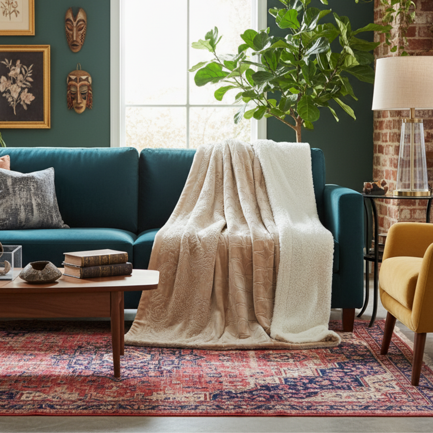 Living room with teal sofa, champagne blanket, and colorful rug.