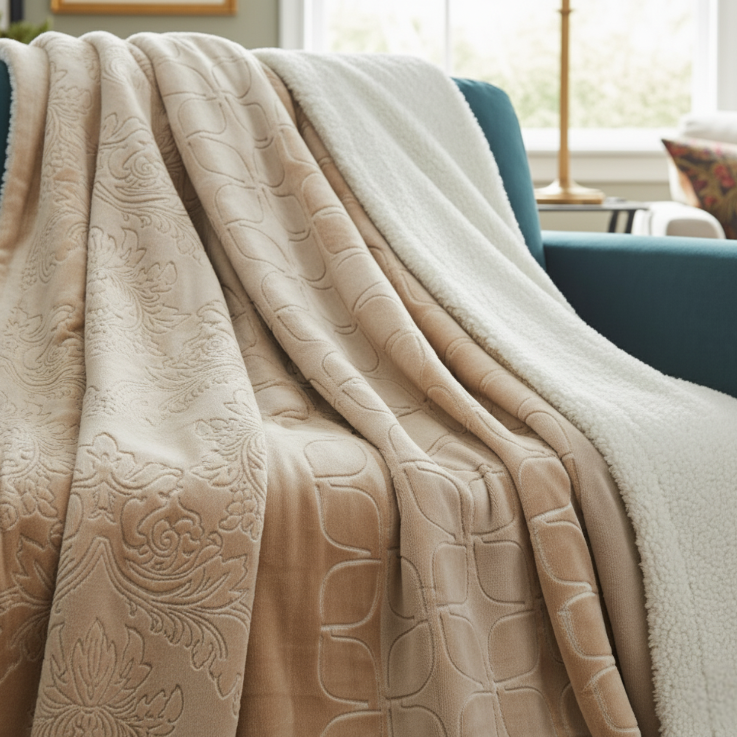 Beige textured blanket draped over a blue chair in a room with a lamp and window.