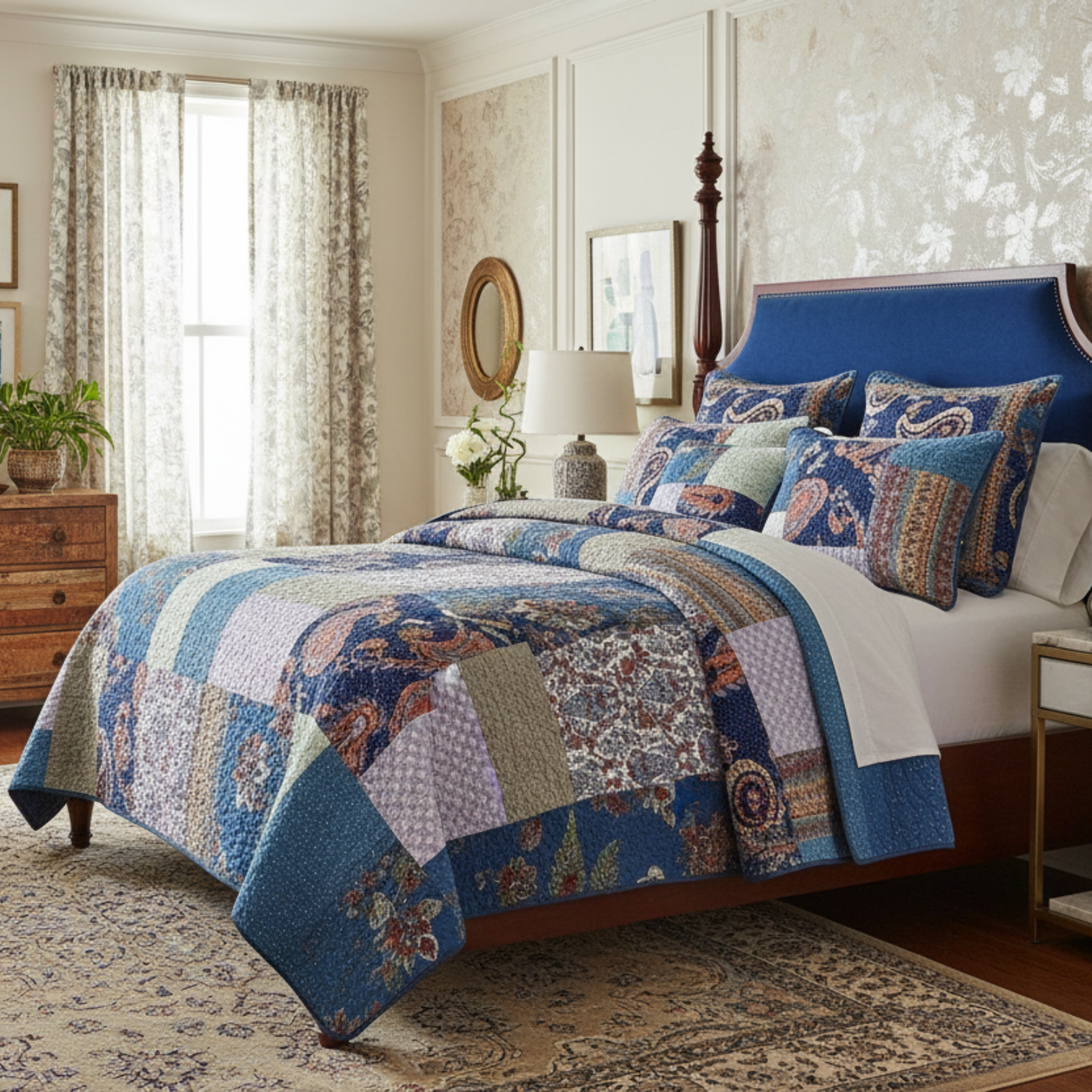 An inviting bedroom styled with a beautiful blue, teal, and beige patchwork quilt. The elegant dark wood bed has a plush blue velvet headboard. The room's decor includes ornate wallpaper, a round gold mirror, a wooden nightstand, and soft natural light from a window with patterned drapes