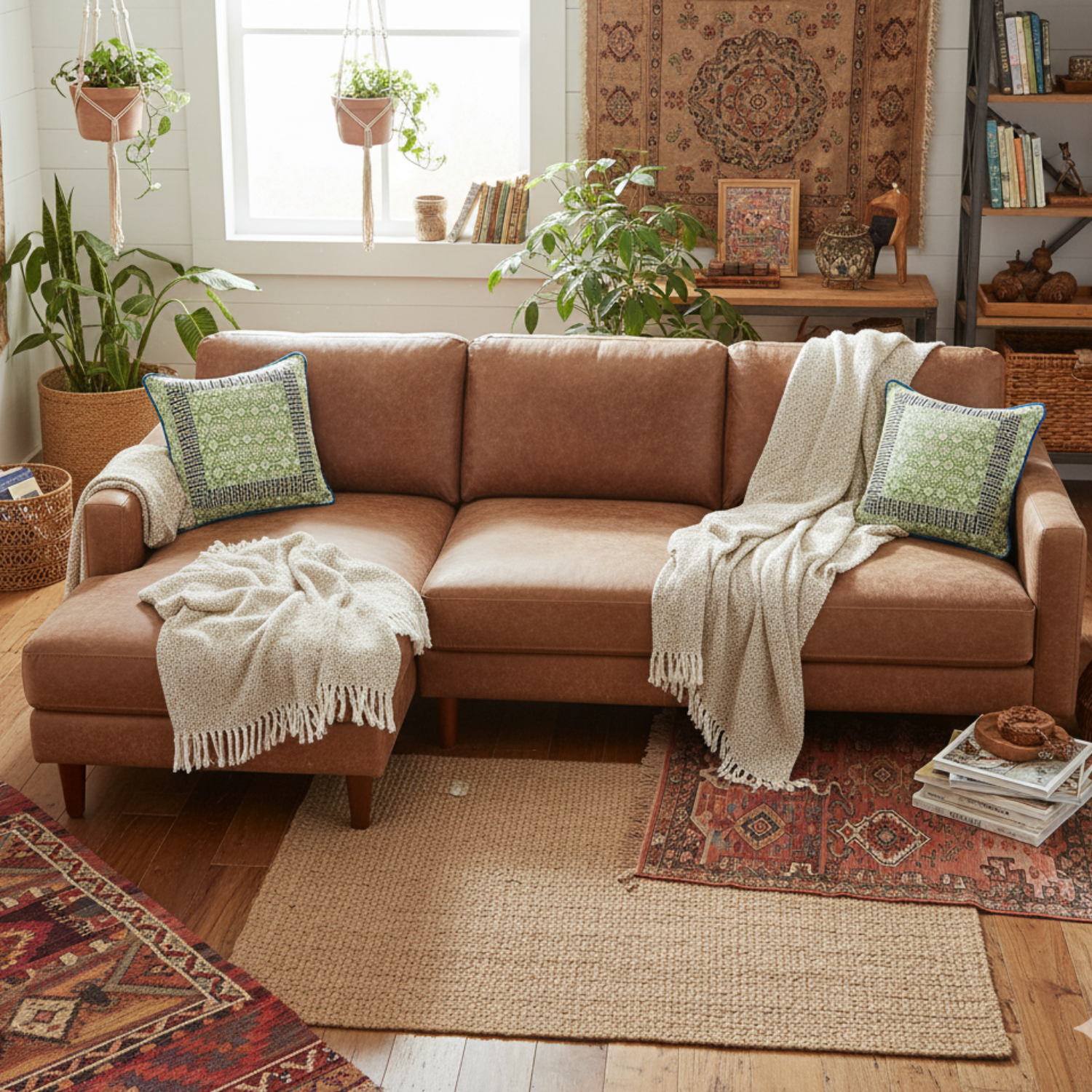 Tache Cotton Patchwork Teal Blue Green Paisley Bohemian Ocean Cushion Cove in Brown sectional sofa in a living room with decorative pillows and plants.