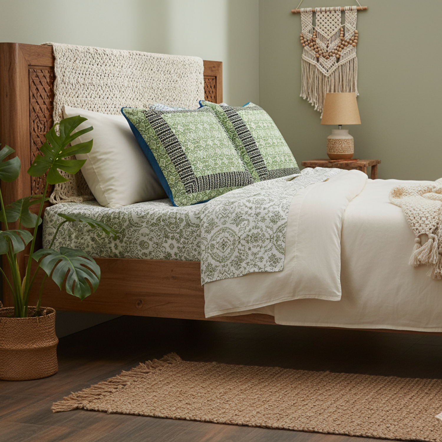 Tache Cotton Patchwork Teal Blue Green Paisley Bohemian Ocean Throw Pillow Cover  in a Bedroom with wooden bed, patterned bedding, and decorative pillows.