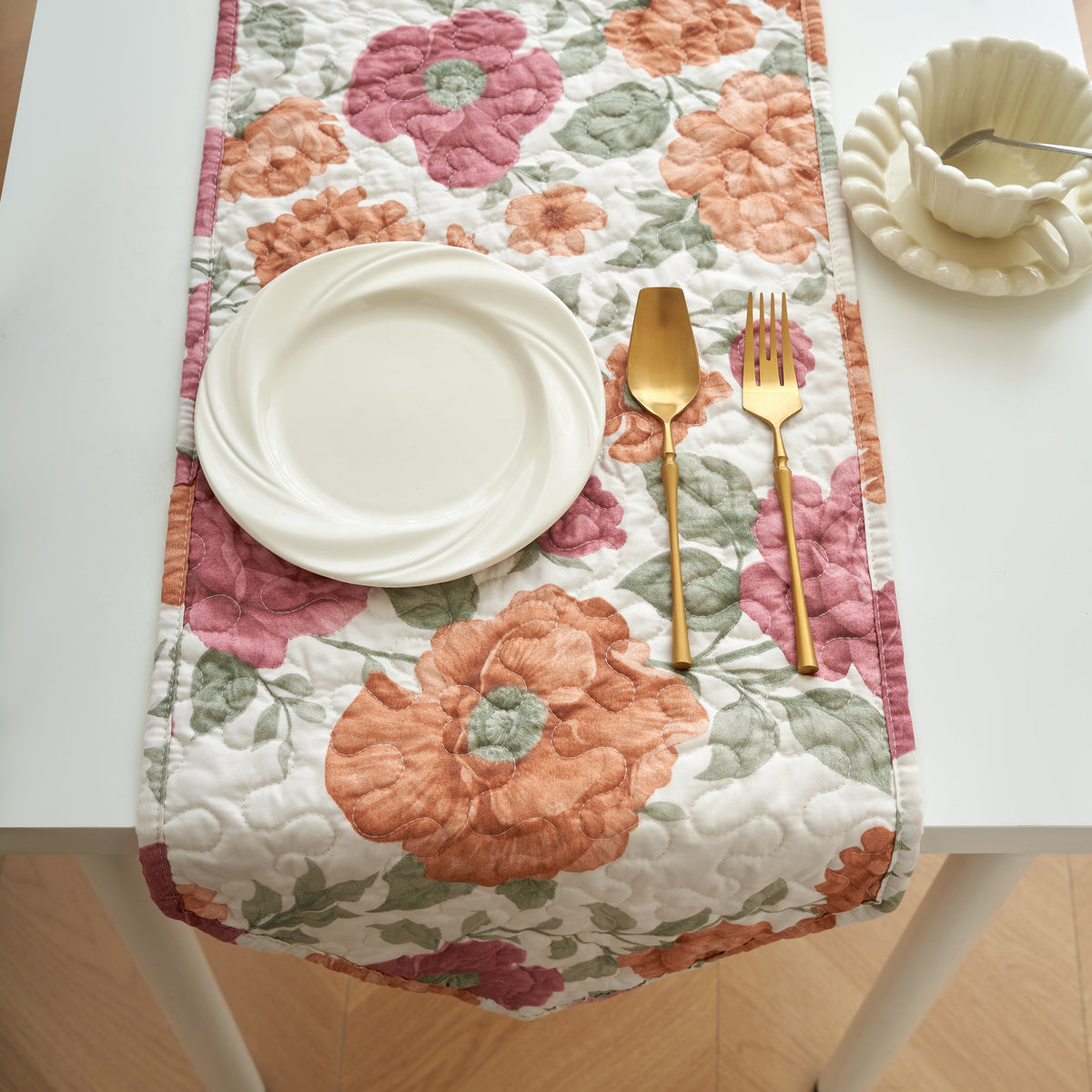 Decorative terracotta rose floral quilted table runner in ivory, dusty pink and sage green
