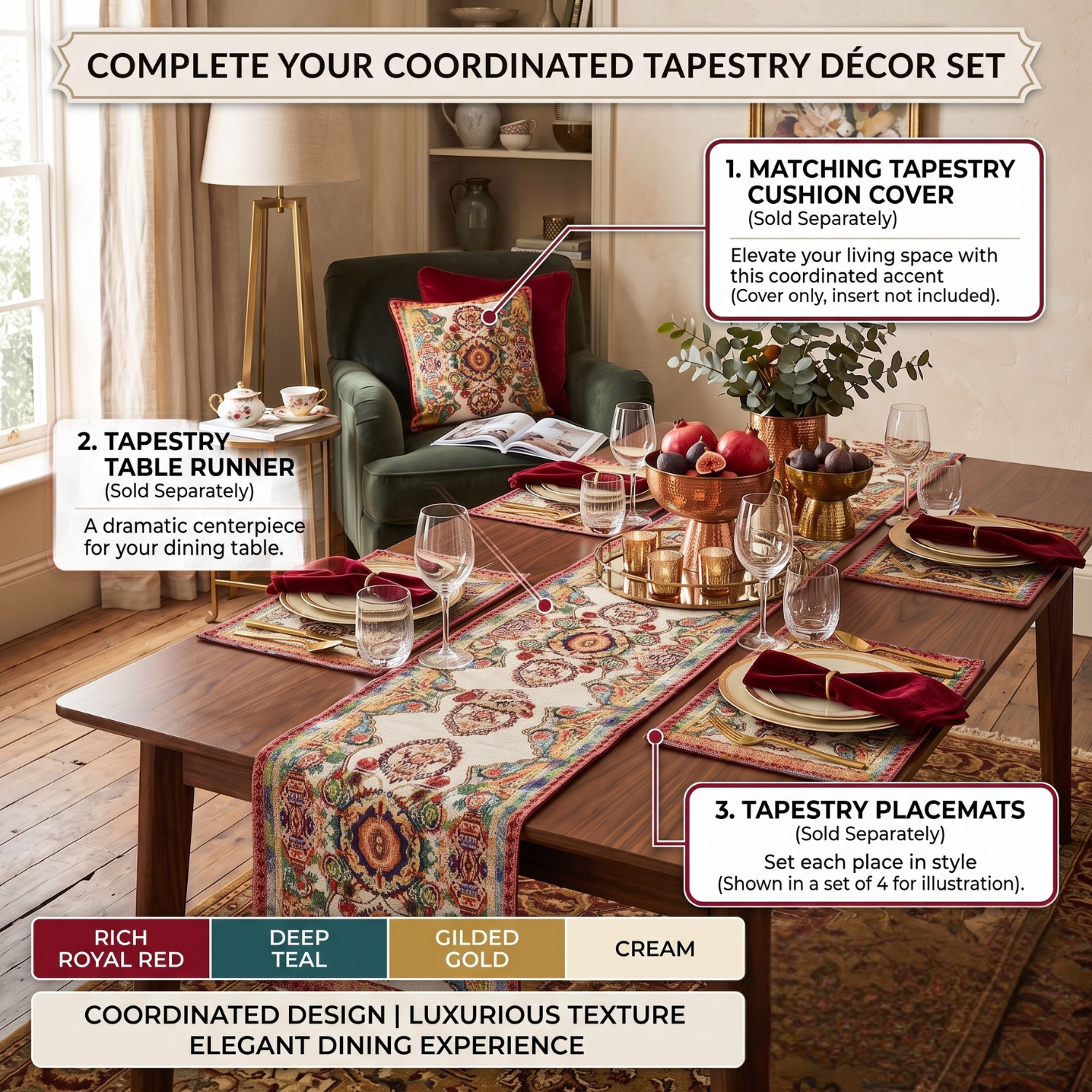 Coordinated tapestry dining room decor set featuring an ornate paisley table runner, placemats, and a matching decorative throw pillow cover.
