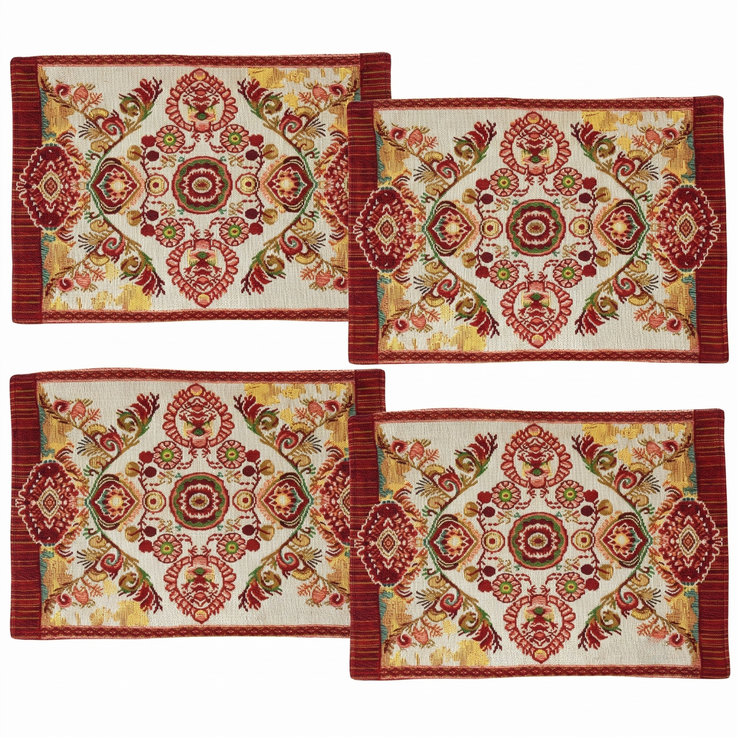Tache Burgundy Ornate Paisley Woven Tapestry Placemats - Eclectic Modern Dining Set (18194)