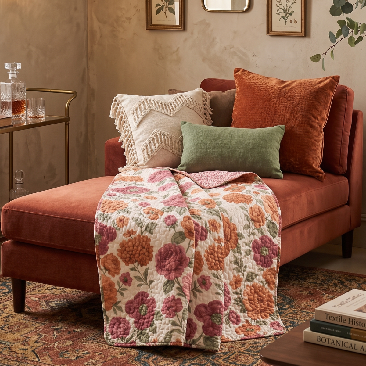 Rose garden botanical pattern quilted throw blanket in terracotta, sage green and ivory