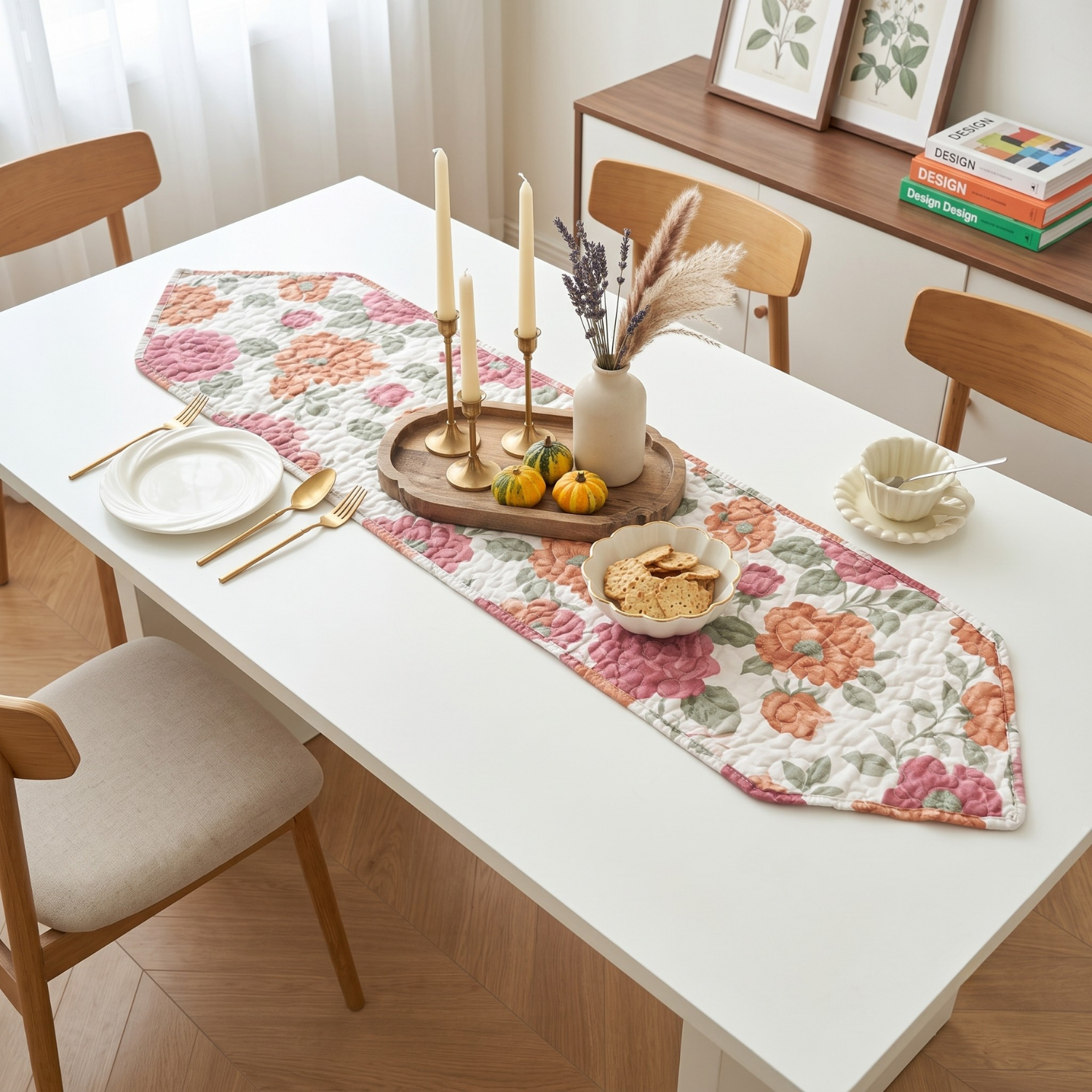 Rose garden floral quilted table runner as dining table decor with place settings