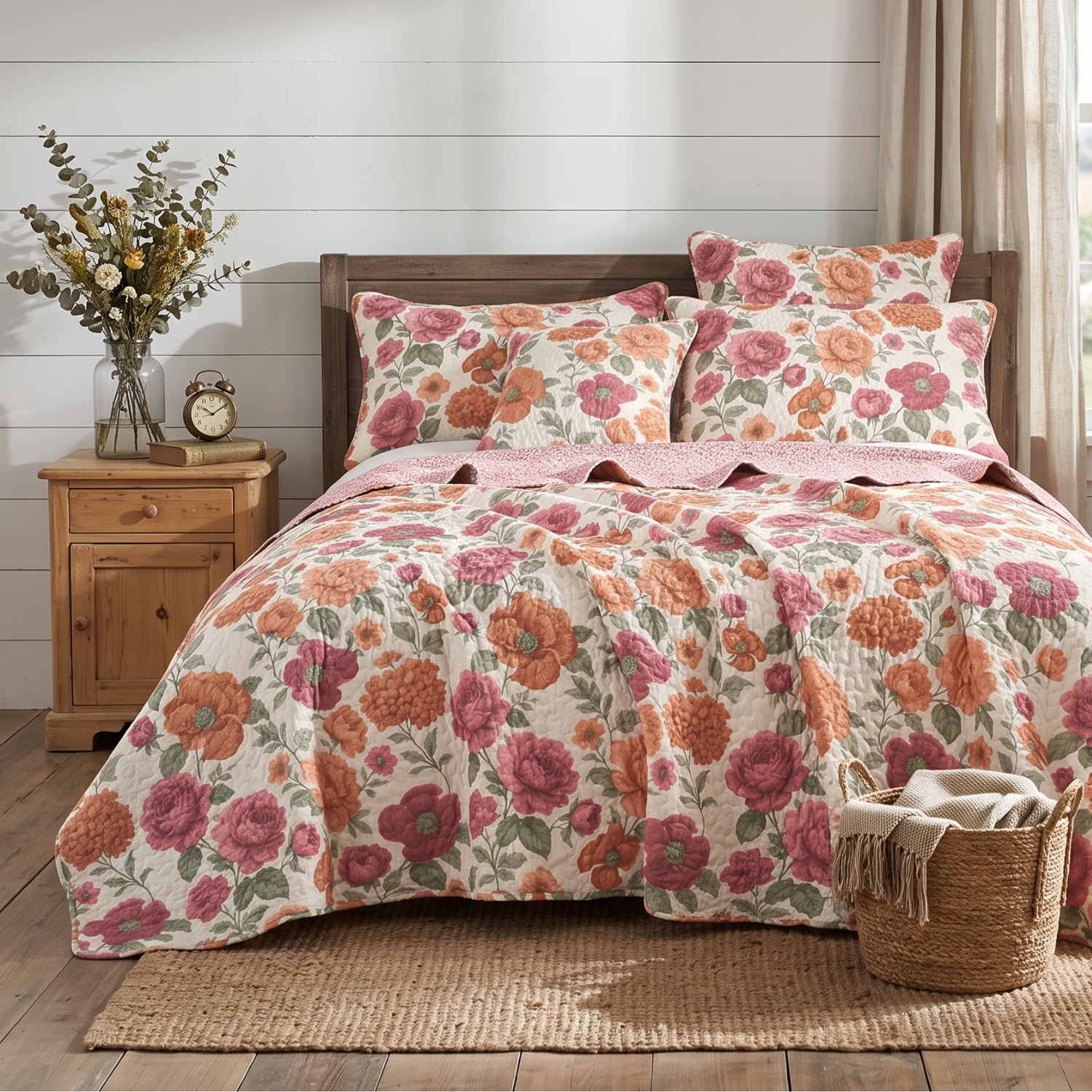 Tache Terracotta Rose Garden Floral Sage Green Ivory Reversible Quilt Bedspread Set (JHW-345)