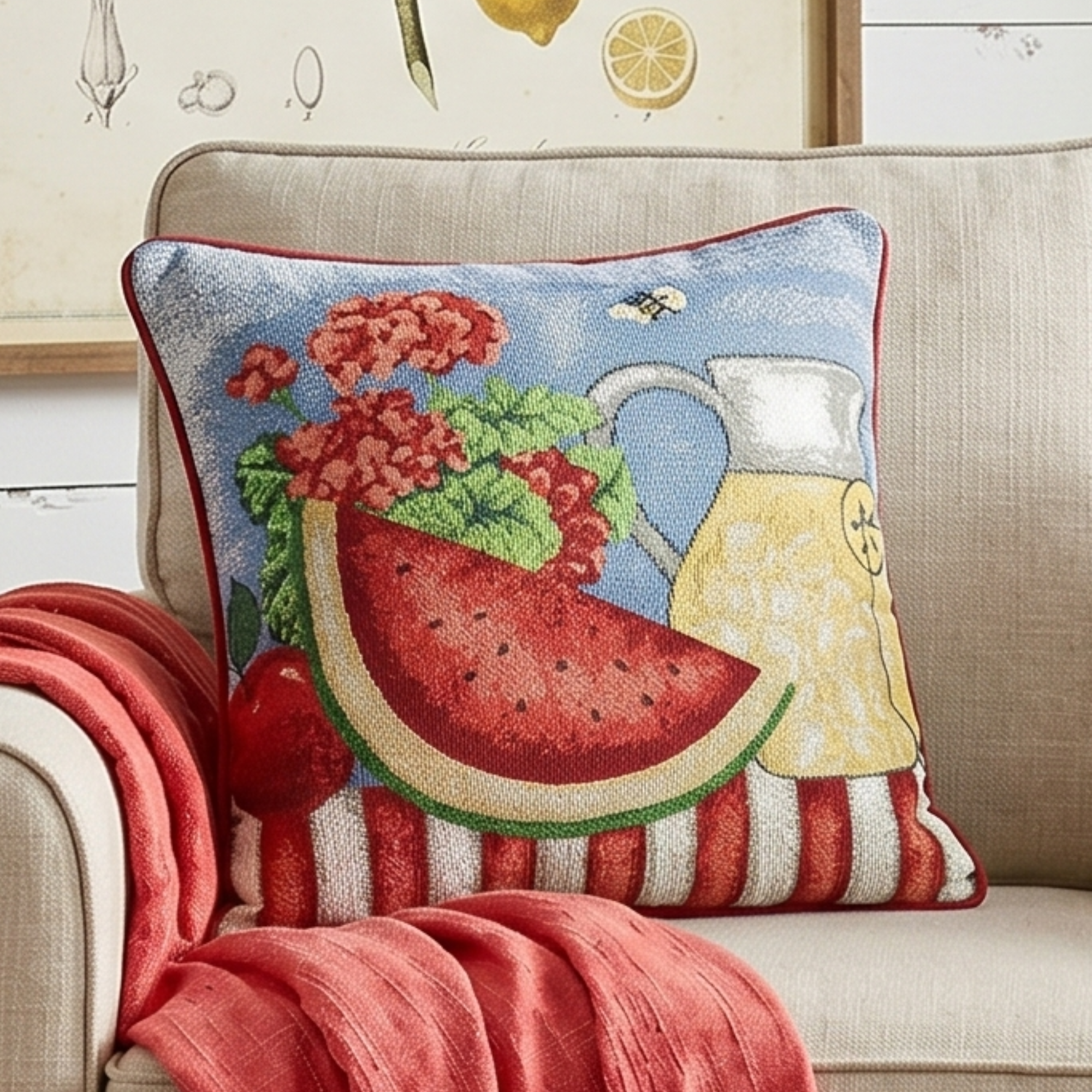 Tache woven tapestry throw pillow cover featuring a summery watermelon, lemonade pitcher, and floral design, displayed on a living room couch