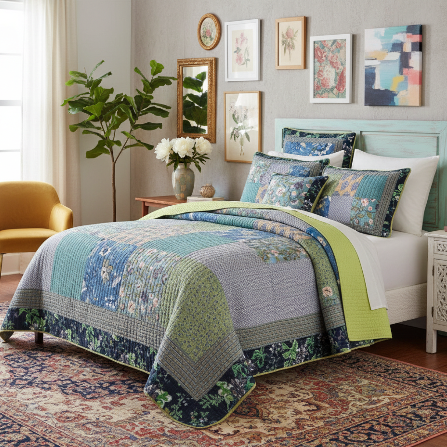 Tache Bohemian Tropical Calla Lily cotton patchwork quilt set with colorful floral squares styled on a bed, JHW-687