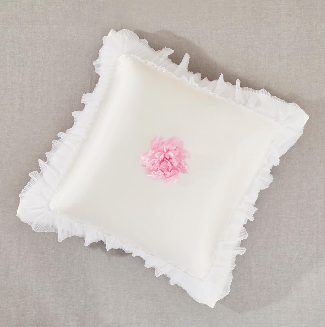Tache Delicate Rose white satin Euro sham with pink floral accent and pleated chiffon ruffle border, 26 x 26 inches