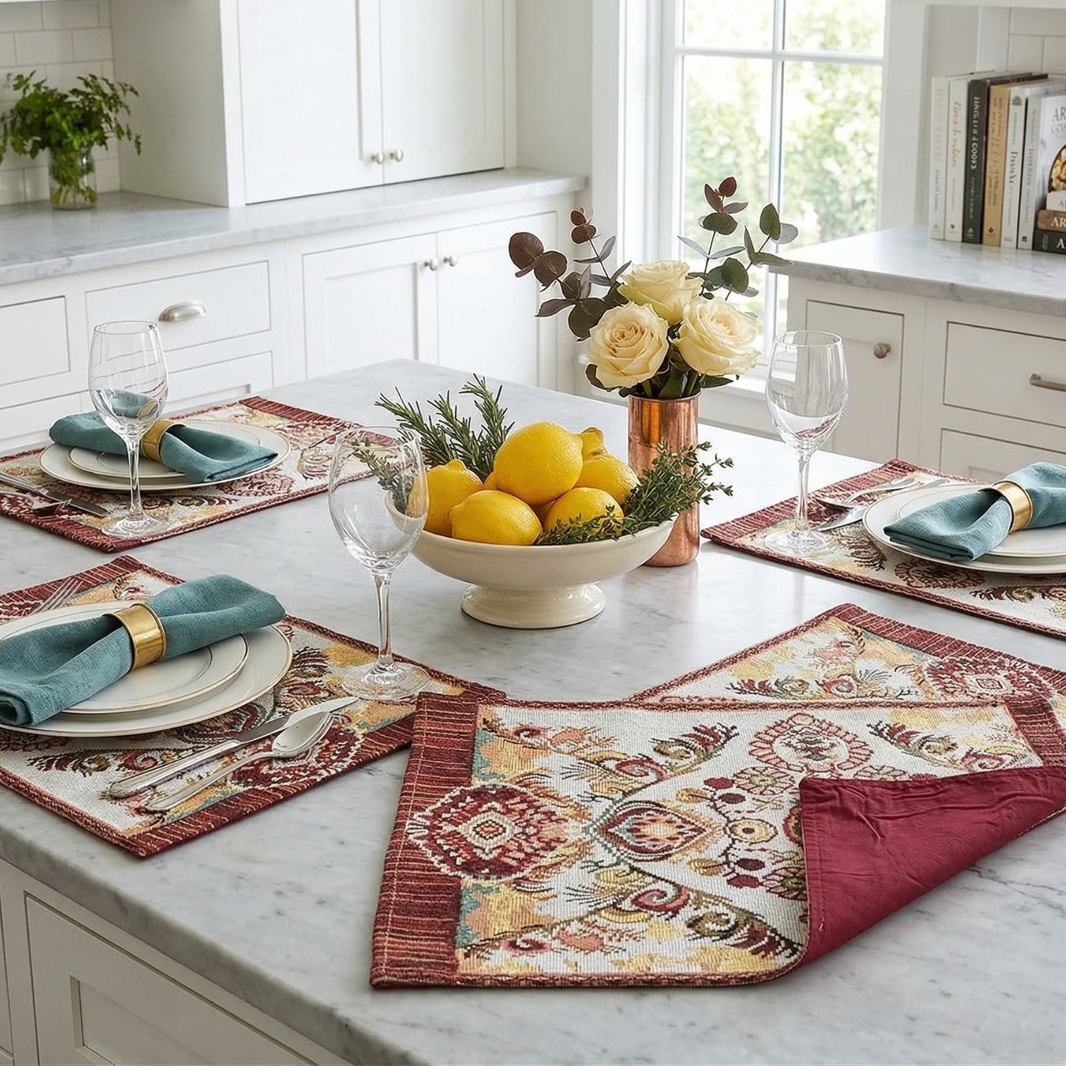 Tache Home Fashion elegant burgundy and floral paisley woven tapestry placemats set of 4, styled on a modern farmhouse kitchen island with a bowl of fresh lemons