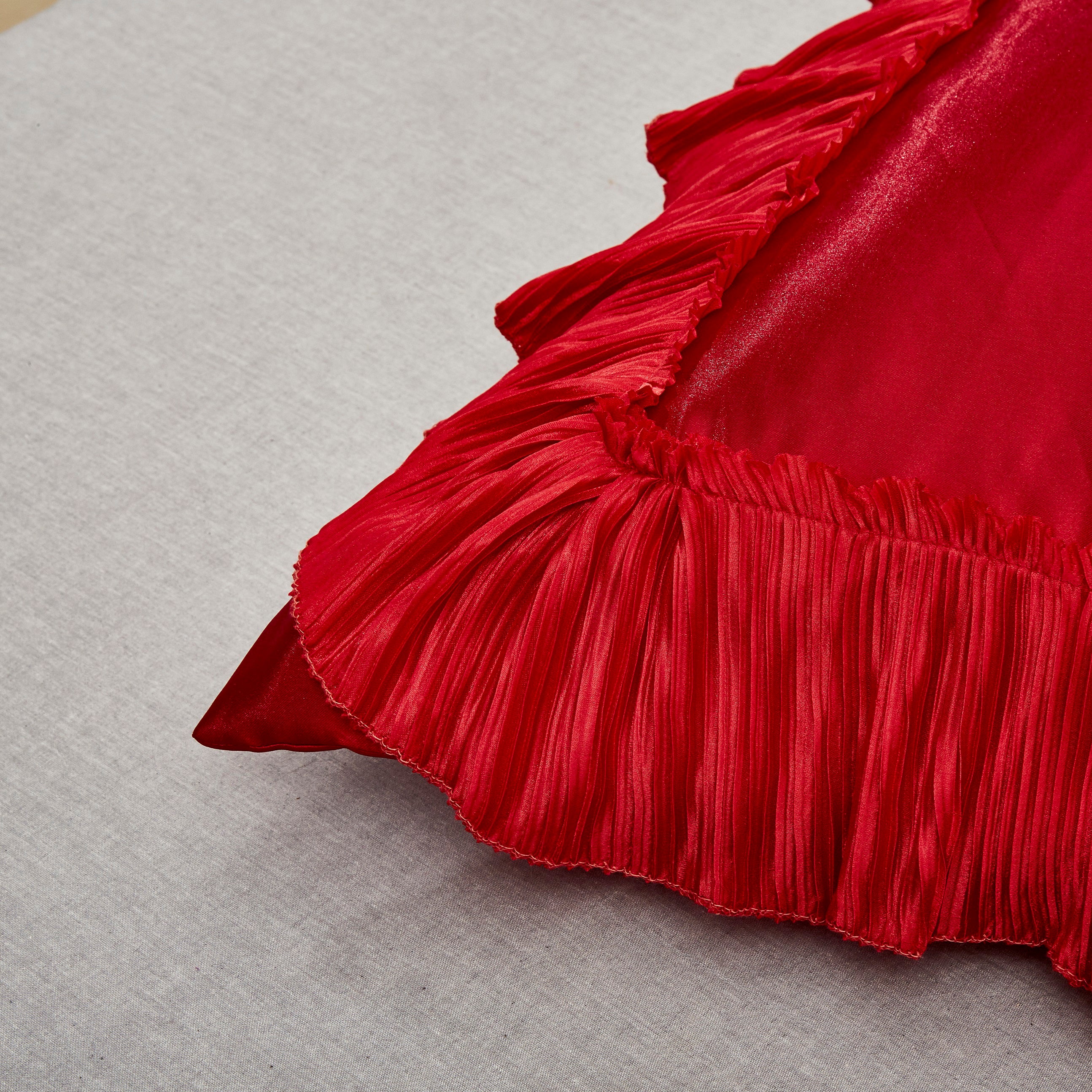 Tache Romantic Red Rose satin Euro sham angled view showing ruffle border, HY4174