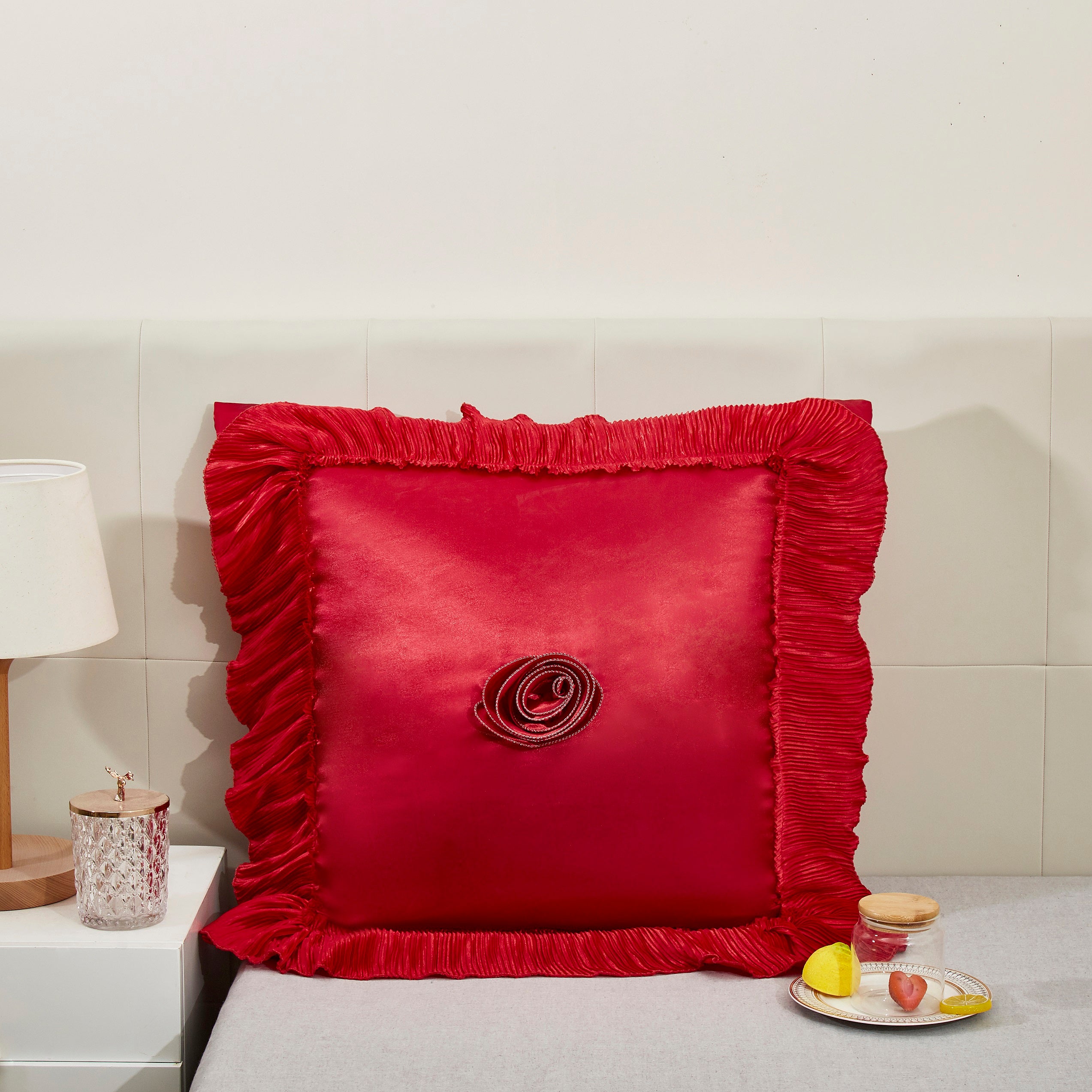 Front view of the Tache Romantic Red Rose red satin Euro sham with Victorian glam ruffled edge