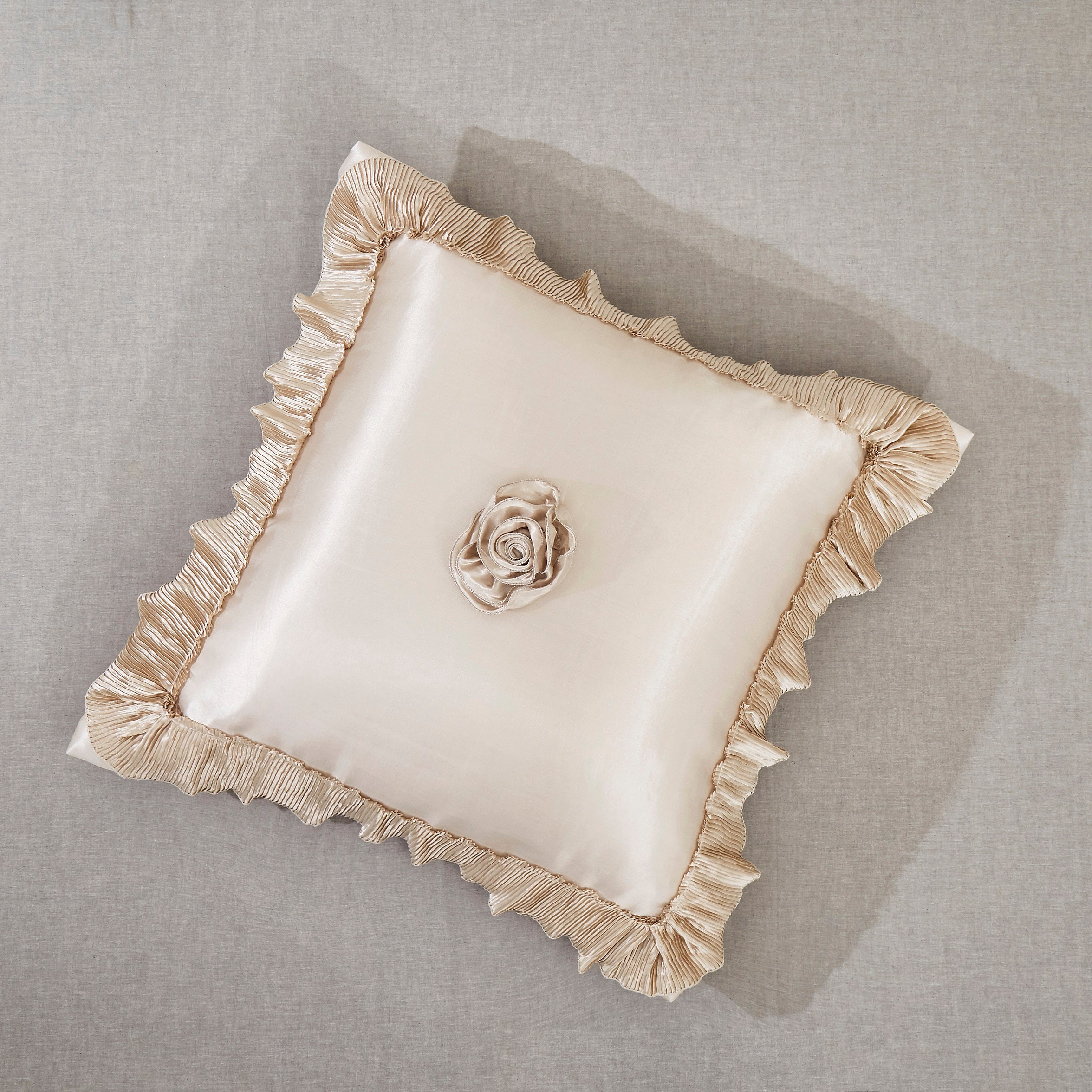 Tache Sweet Victorian creme beige satin Euro sham with floral lace and pleated ruffle border, 26 x 26 inches