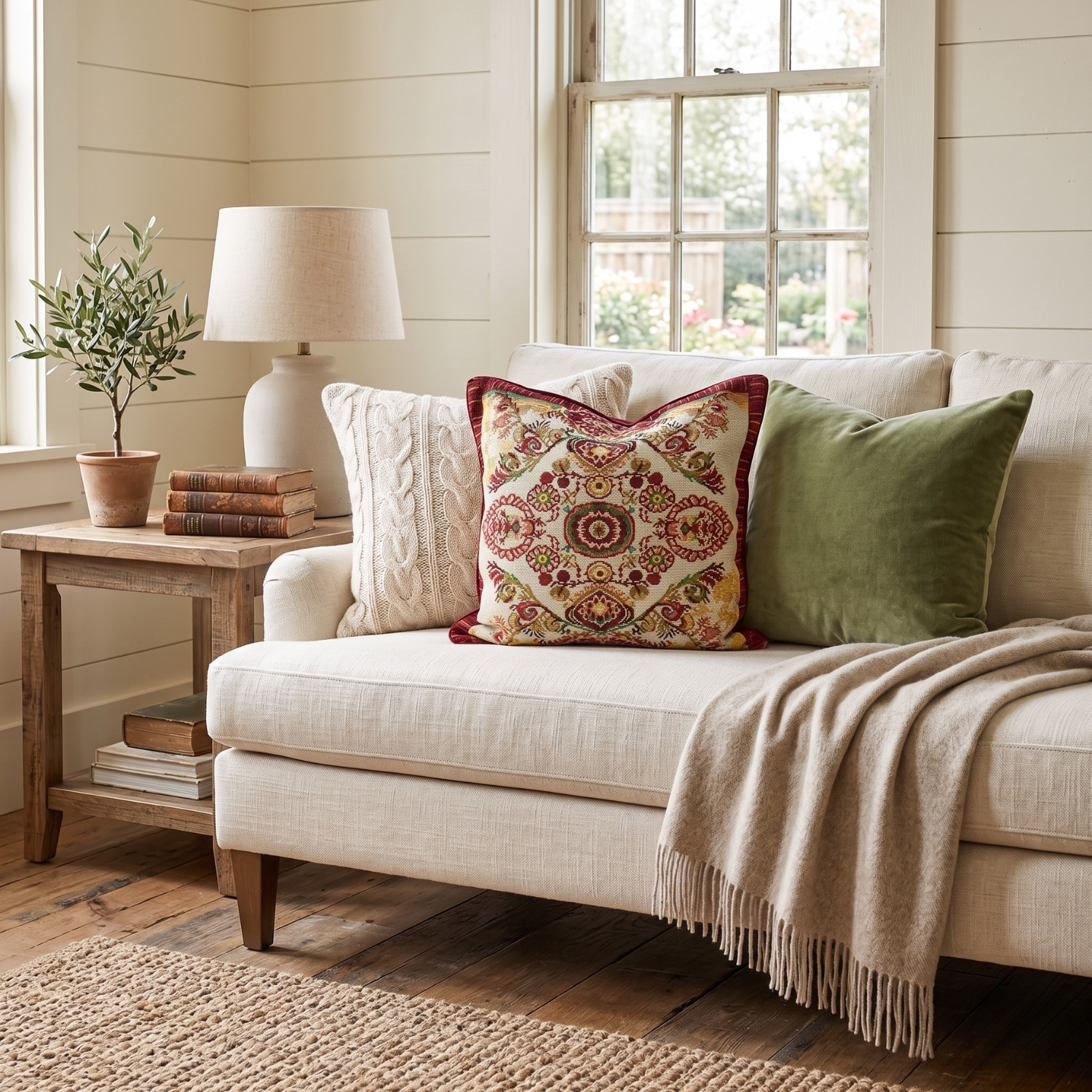 Burgundy and multi-color ornate paisley woven tapestry throw pillow cover, demonstrating versatile styling on a beige living room sofa next to a bright window