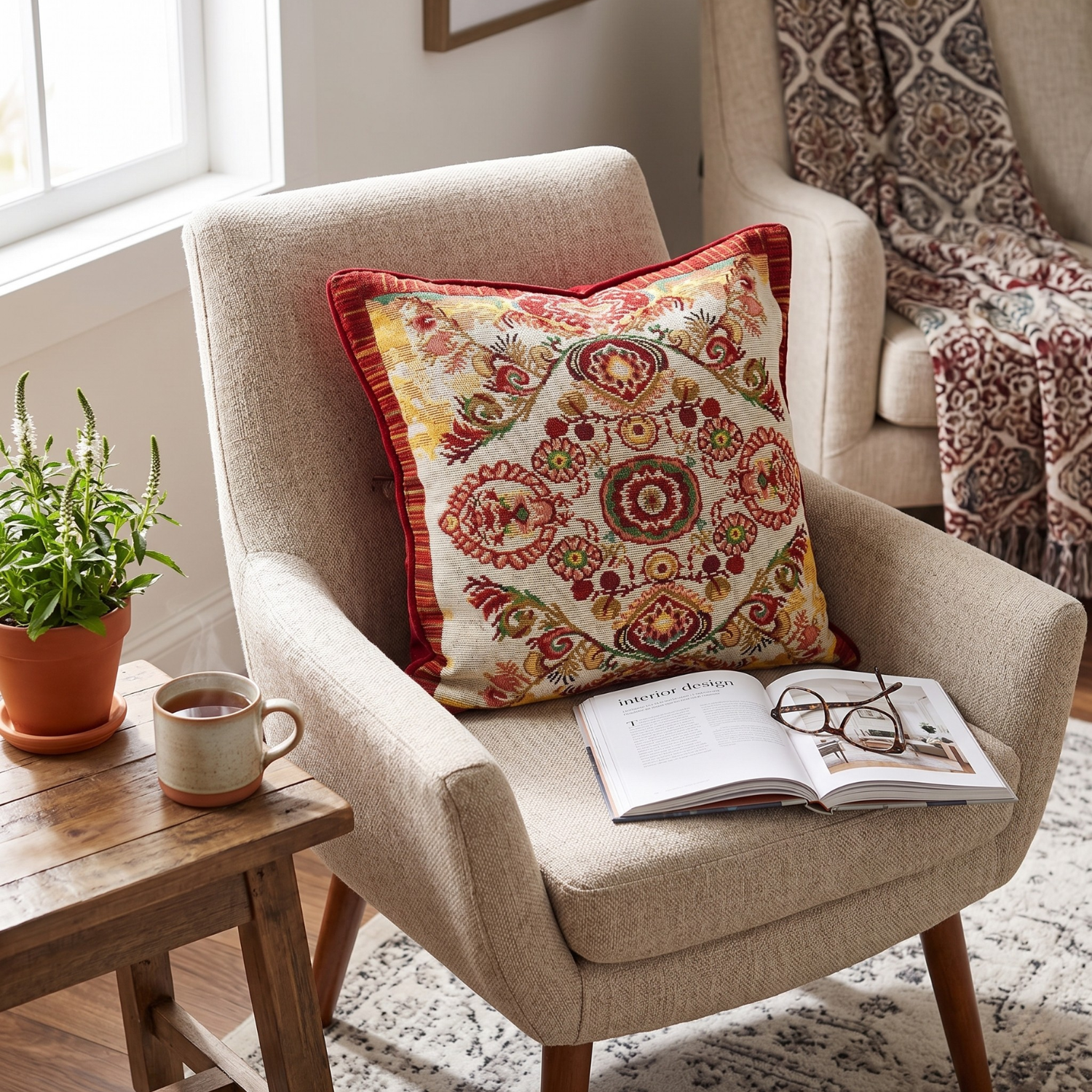 A cozy reading nook featuring a beige armchair styled with a Tache burgundy and terracotta ornate paisley woven tapestry throw pillow cover. A wooden side table holds a coffee mug next to an open book