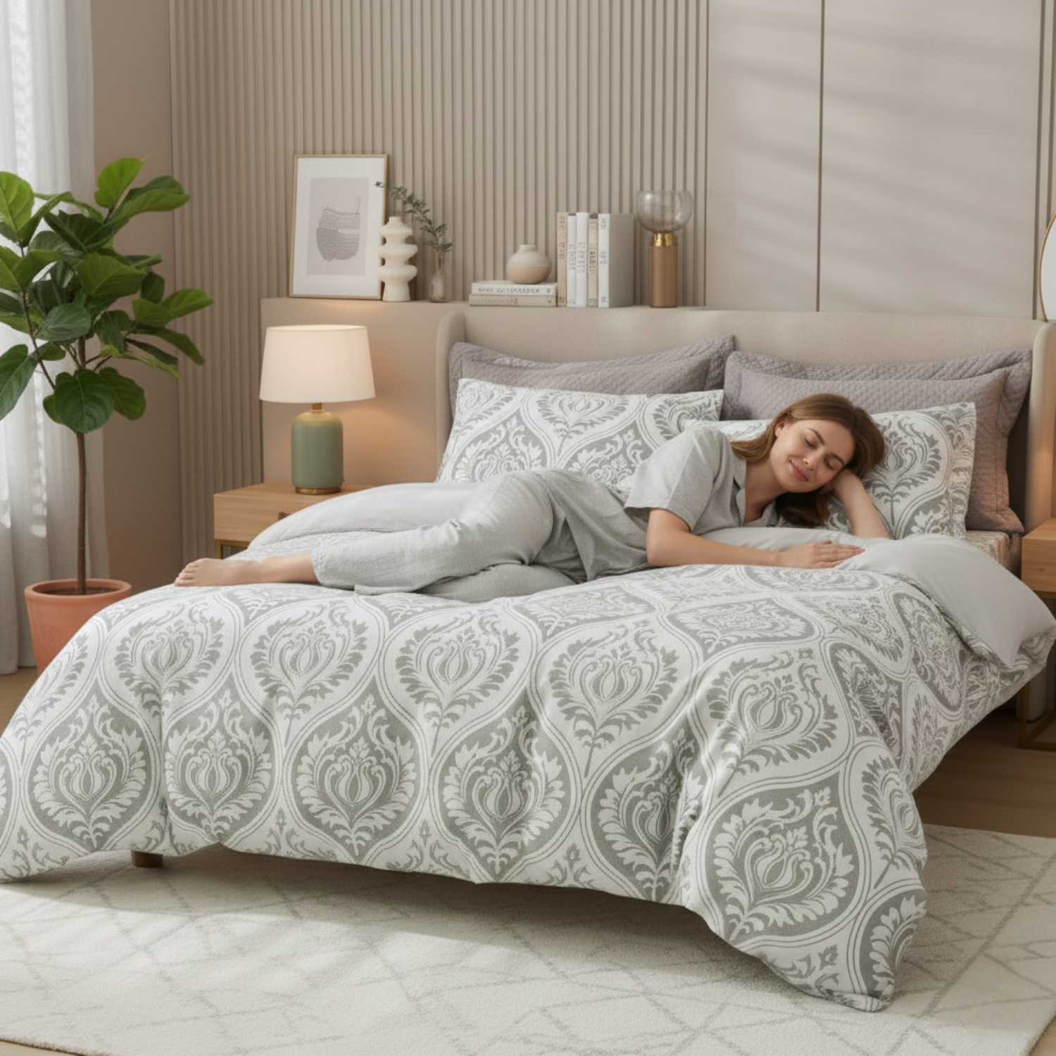 Woman lying on a bed with patterned Grey and white Duvet bedding in a cozy bedroom.