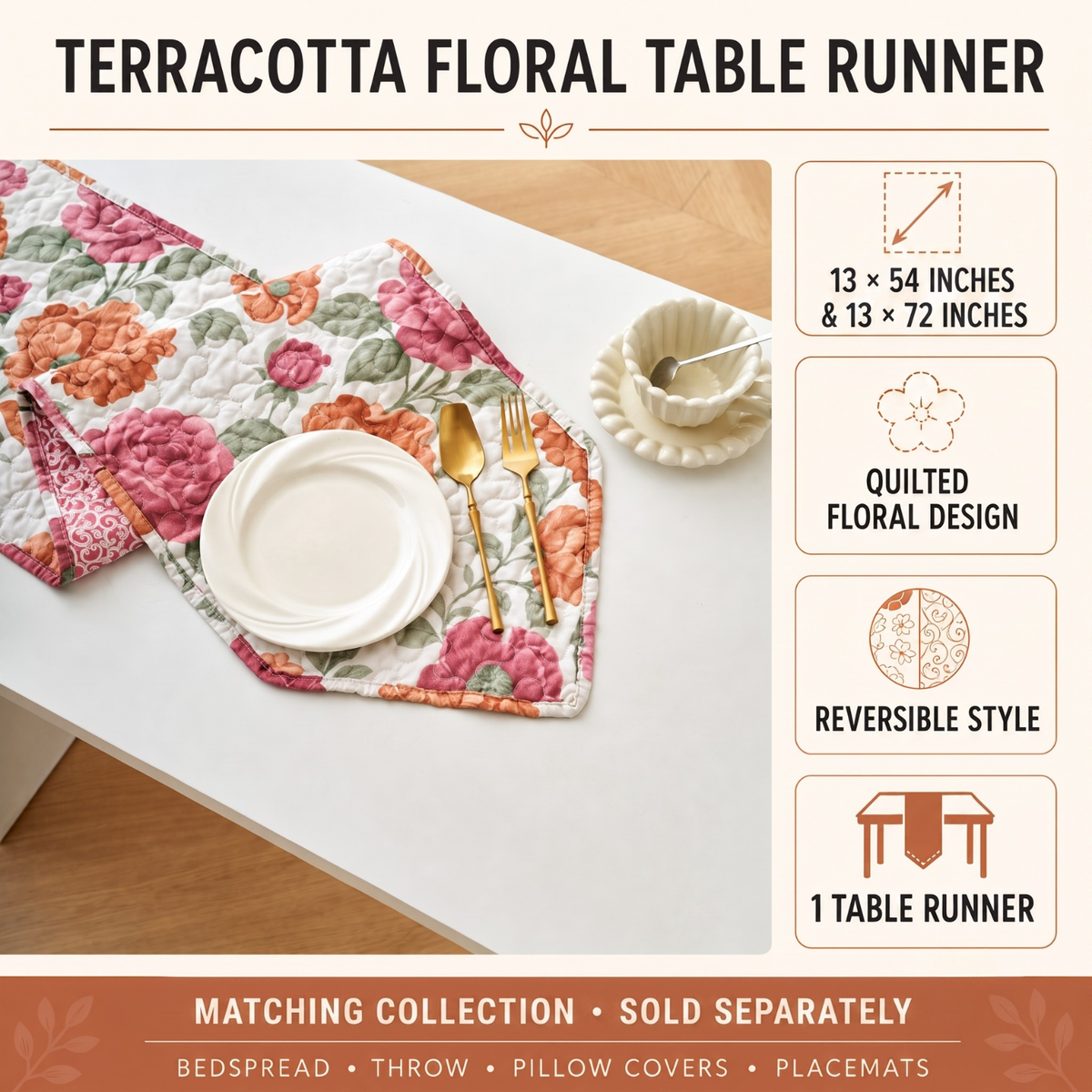 Terracotta floral quilted table runner styled with a seasonal centerpiece