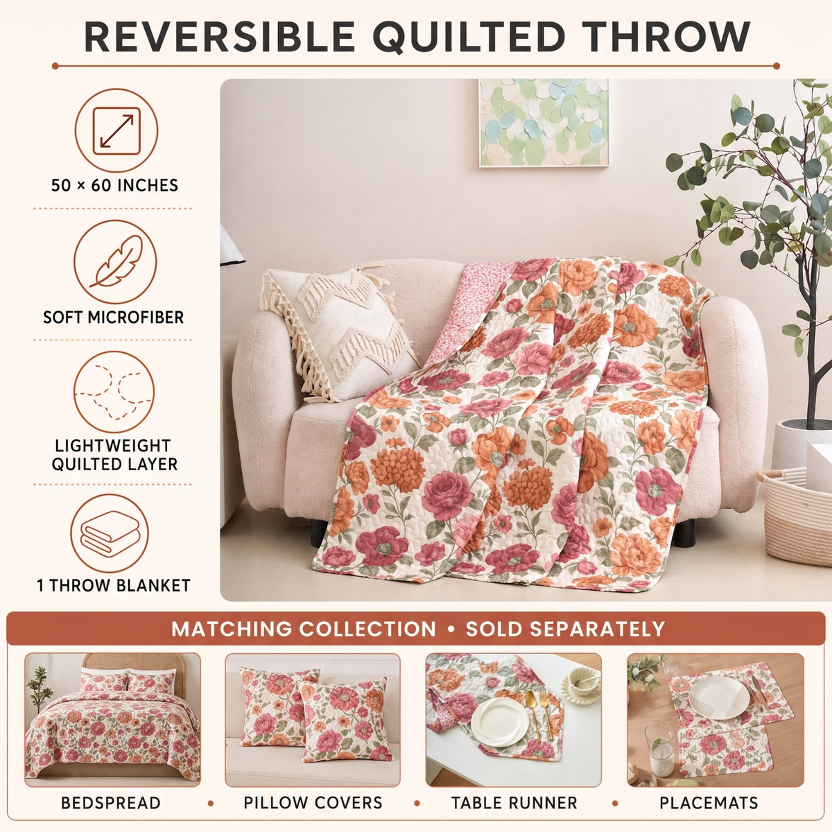 Terracotta floral quilted throw blanket folded and styled on a neutral armchair