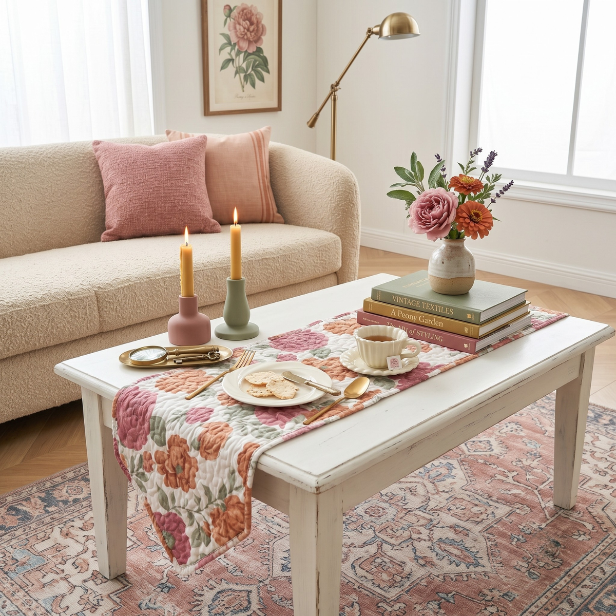 Terracotta rose garden quilted table runner styling a coffee table with candles and greenery