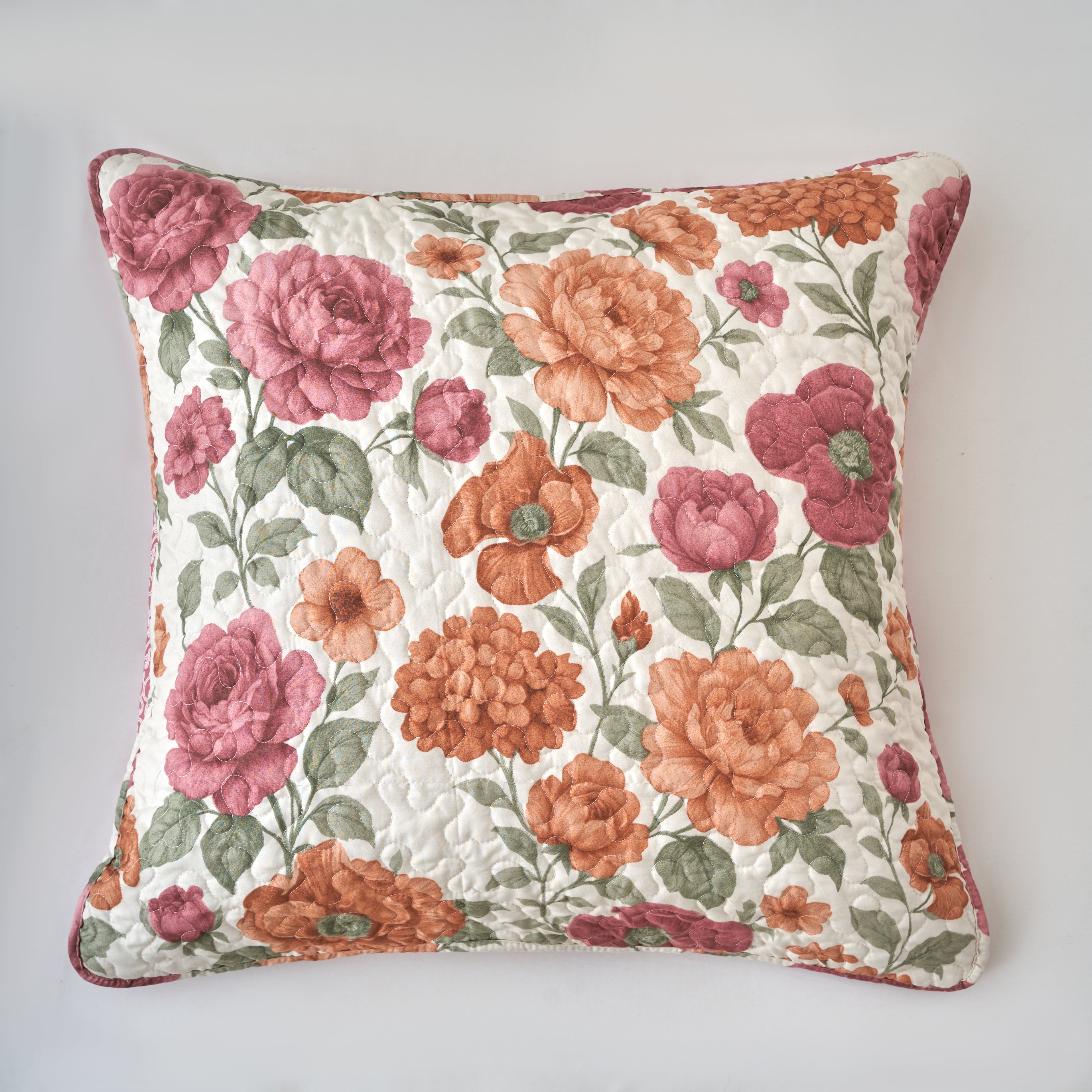 Terracotta Rose Garden floral quilted euro sham, 26 x 26 inches, in ivory and dusty rose