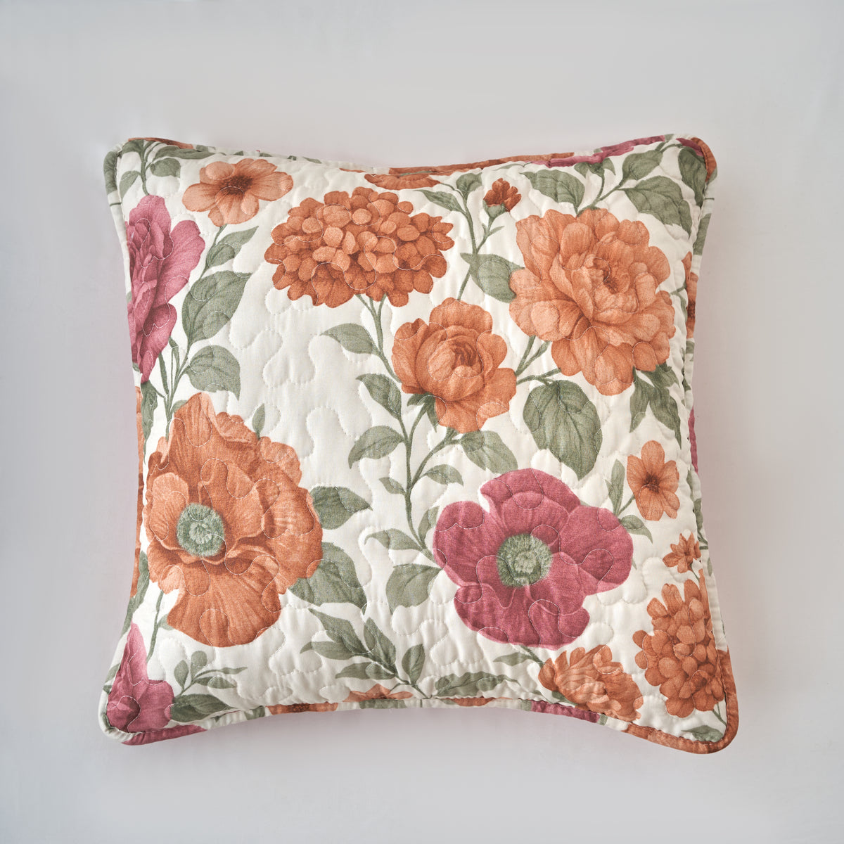 Terracotta rose quilted floral decorative pillow cover, 18 x 18 inches
