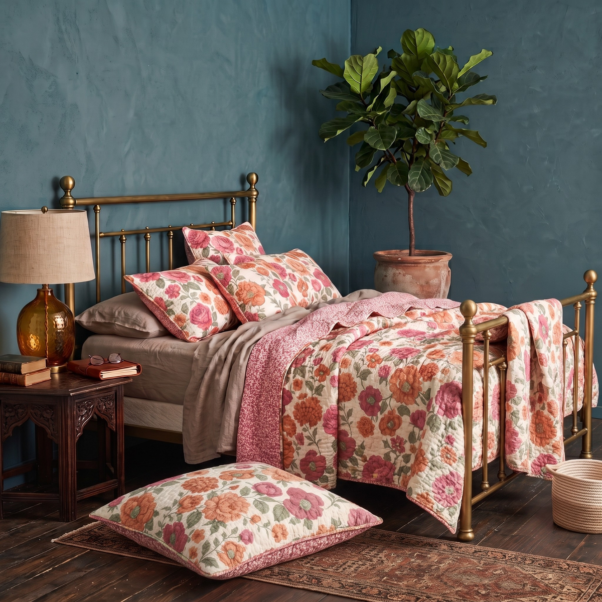 Vintage boho terracotta floral bedspread styled with layered neutral bedding and textured throws